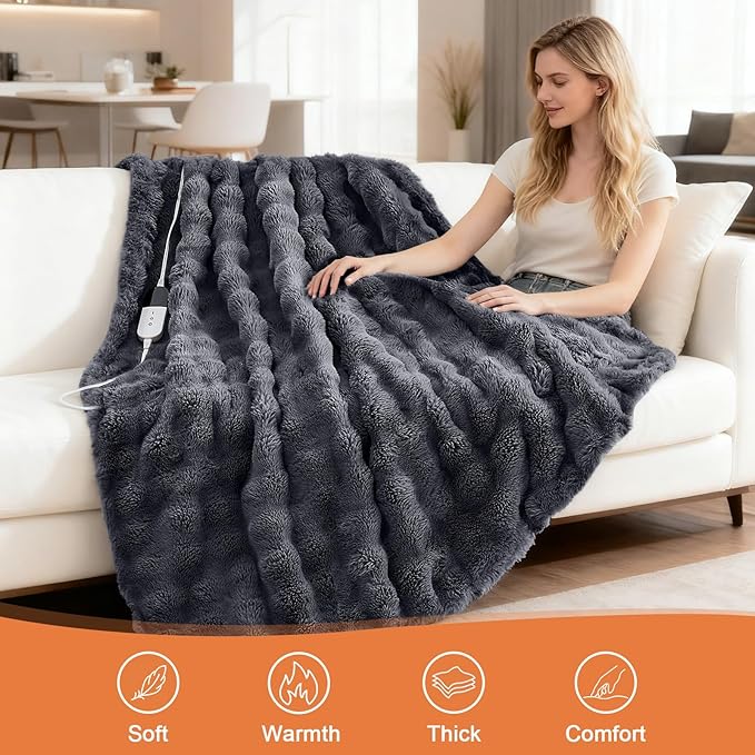 Heated Blanket Electric Throw Blanket 84''X 90''-Heating Blanket with 6 Heat Settings-10 Hours Auto Off,Cozy Faux Rabbit Fur Bubble Electric Blanket,Dark Gray