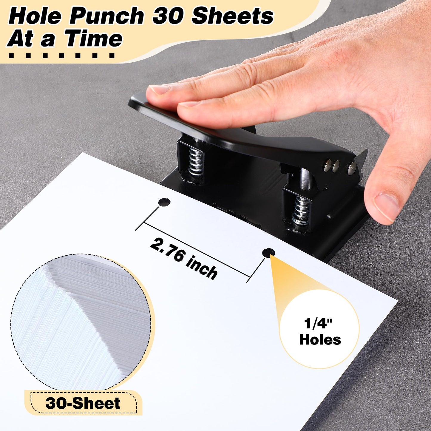 Dreyoo Heavy Duty 2 Hole Punch with 50pcs Paper Fasteners, Paper Two Hole Puncher and Metal Prong Fasteners Combo Set for File Folder, Padded Handle, 30 Sheet Capacity (Compressor)