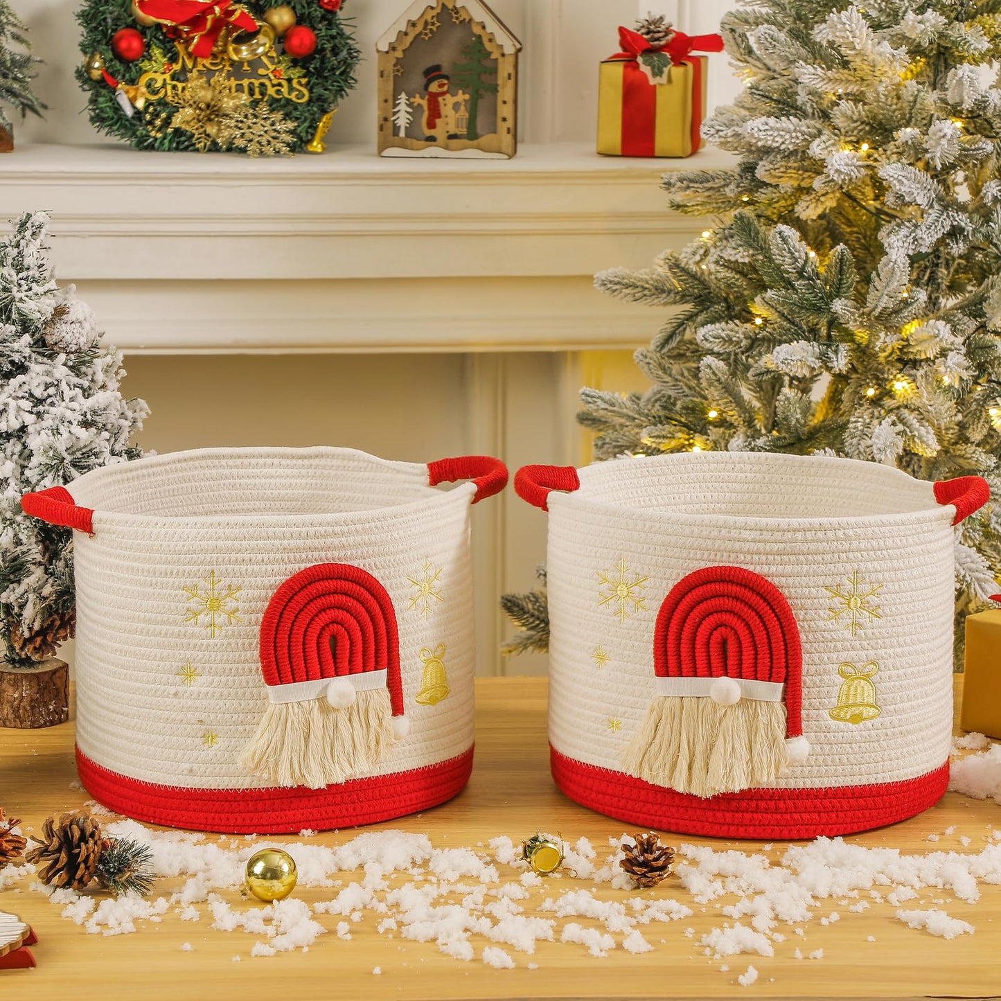 Christmas Basket Cotton Rope Blanket Storage Basket Large Christmas Buckets with Red Handle, Laundry Baskets with 3D Santa Claus Raffle Basket Holiday Baskets Empty for Gifts Decorative Winter Baskets