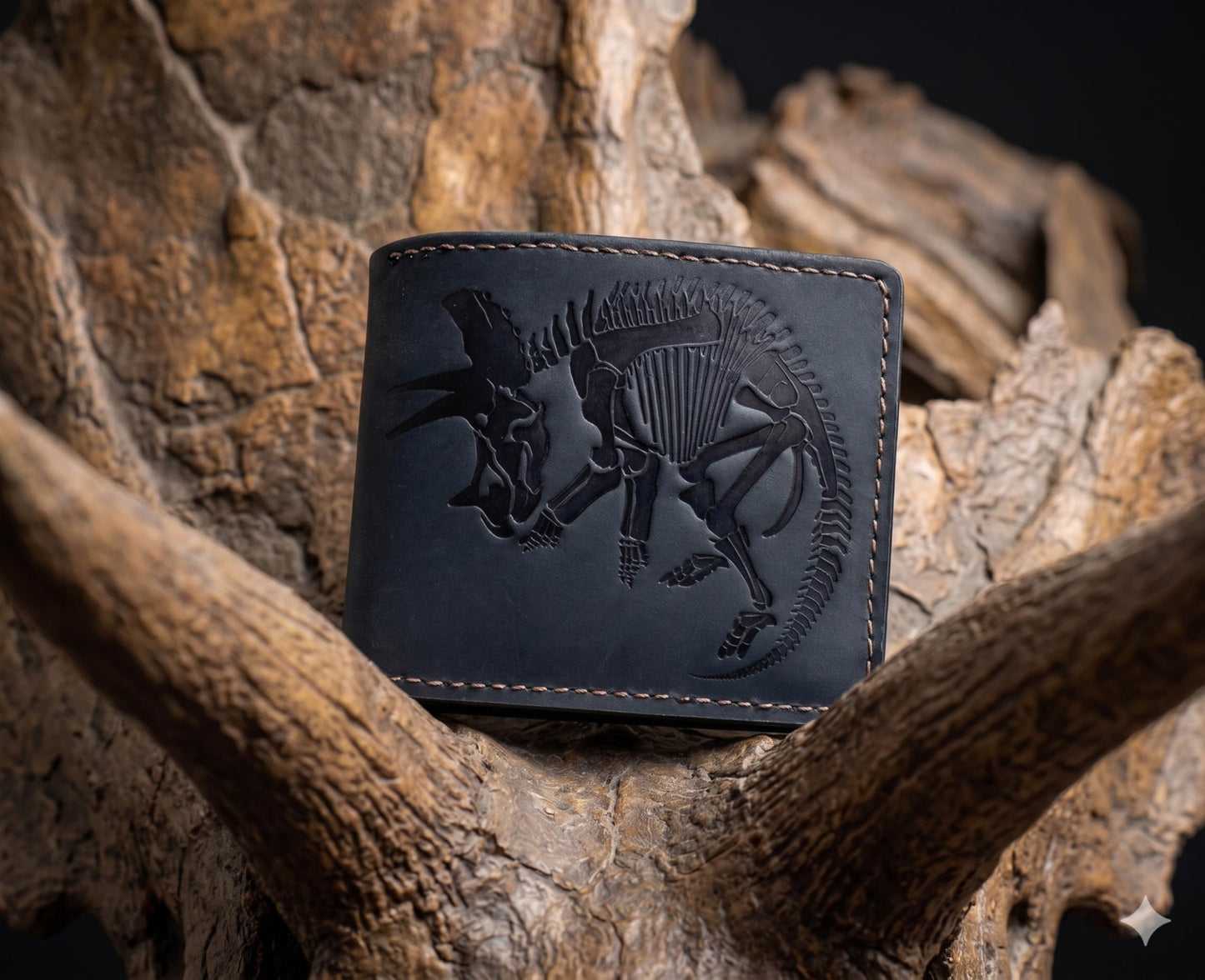 Mayan Corner Handmade Genuine Leather Wallet for Men – Embossed Dinosaur Skeleton Design – Slim Bifold Wallet – Triceratops