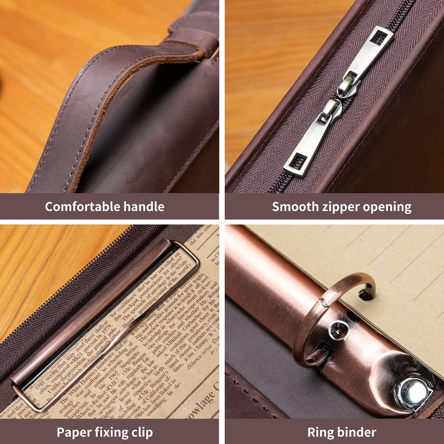 YIWEN Handmade Leather Portfolio with Handle, 3 Ring Binder, Zippered Padfolio for 13" Tablet, 8.5 x 11 Notepad, Professional Business Document Organizer (Dark Brown, Crazy Horse Leather)