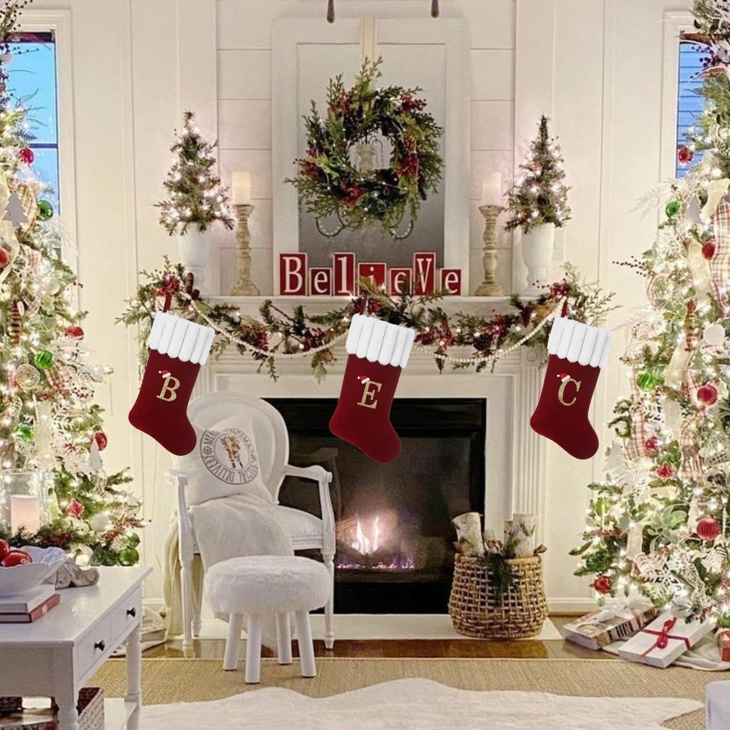 Yehnois 20 Inch Personalized Christmas Stocking,Red Velvet with Embroidered Initial,Holiday Xmas Party Decor Letter M