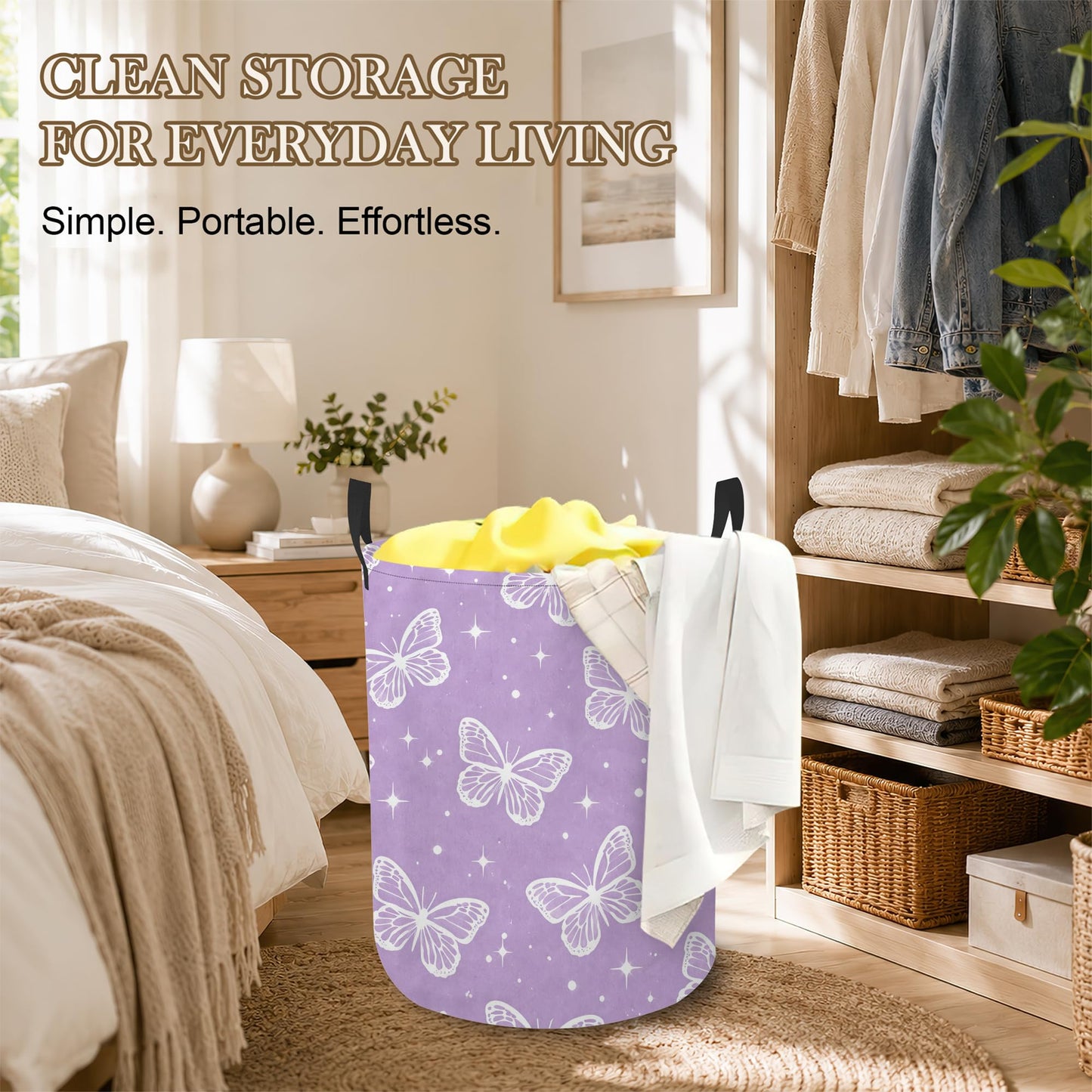 Laundry Hamper, Butterfly Star Collapsible Lavender Laundry Baskets Waterproof Oxford Cloth With Handles, Clothes Storage Bucket For Bathroom/Bedroom 16" x 20.8"