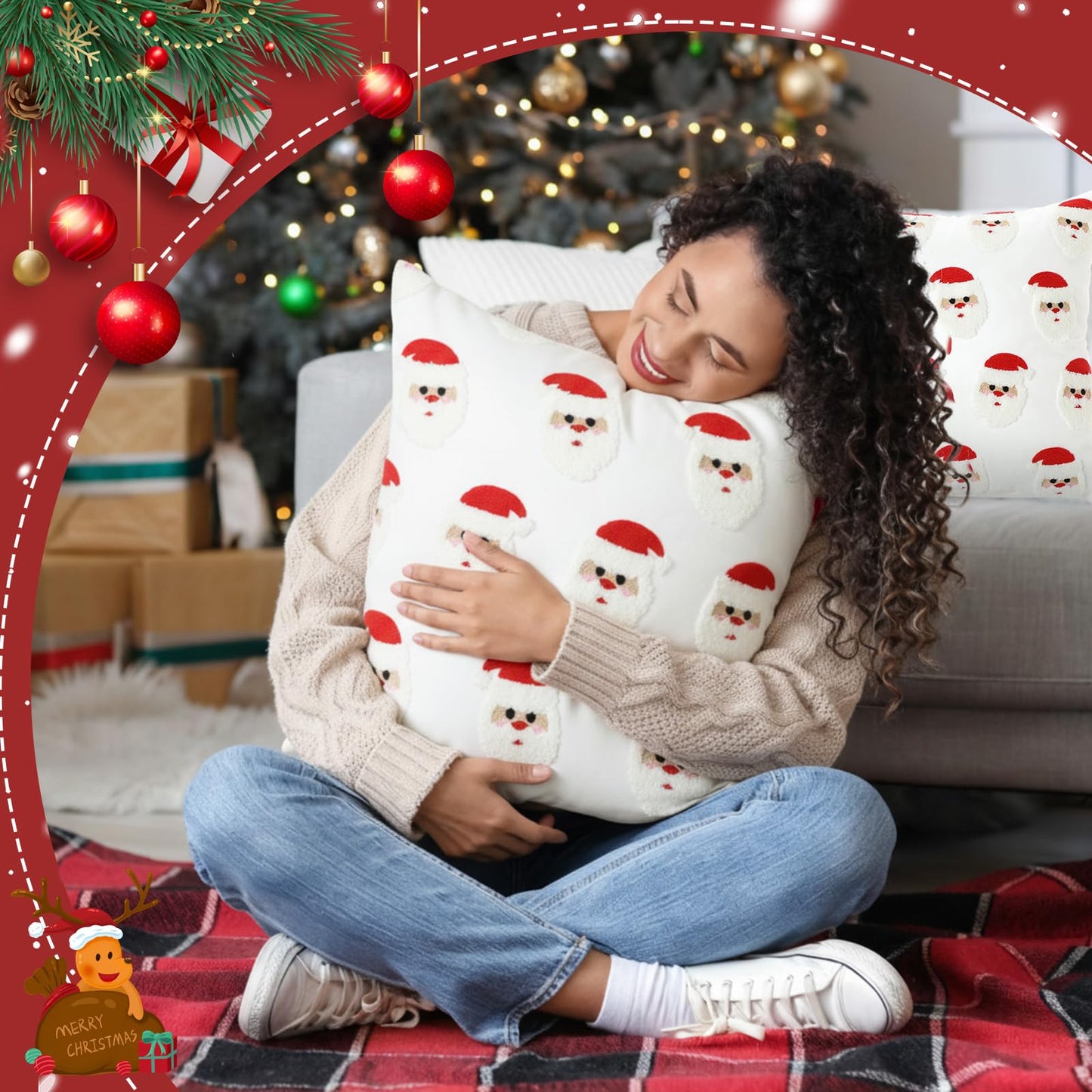 Hahafelt 2 Pcs Christmas Tufted Throw Pillow Covers 18 x 18 Inch Cute Santa Claus Soft Dutch Velvet Pillowcase Xmas Red White Square 3D Embroidery Cushion Cover Winter Holiday Decor for Sofa Couch Bed