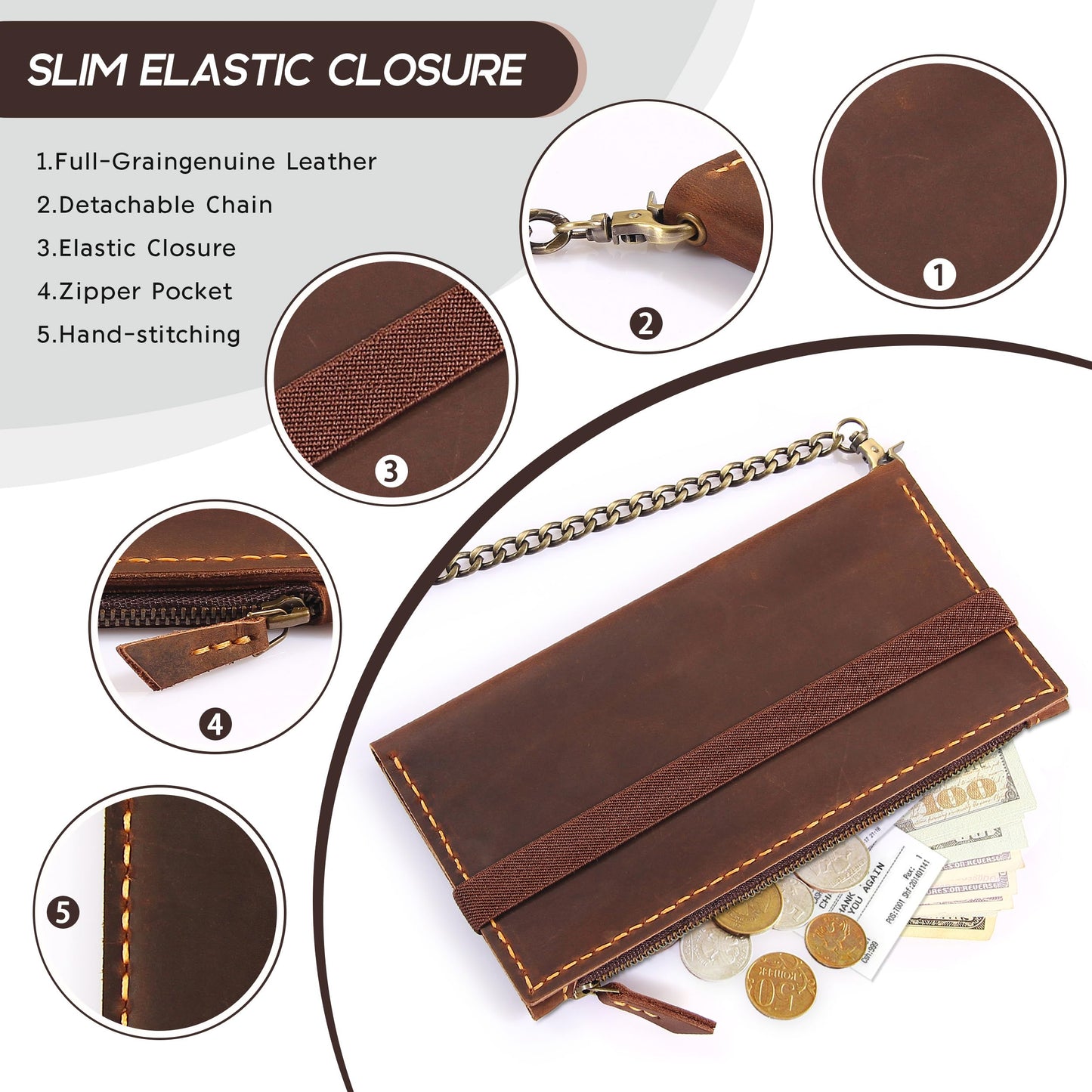 Robrasim Leather Wallet for Men and Women, Handmade Detachable Chain Wristlet Long Bifold Clutch with Large Capacity Zipper Coin Pocket (Coffee, 7.87"x4.17")