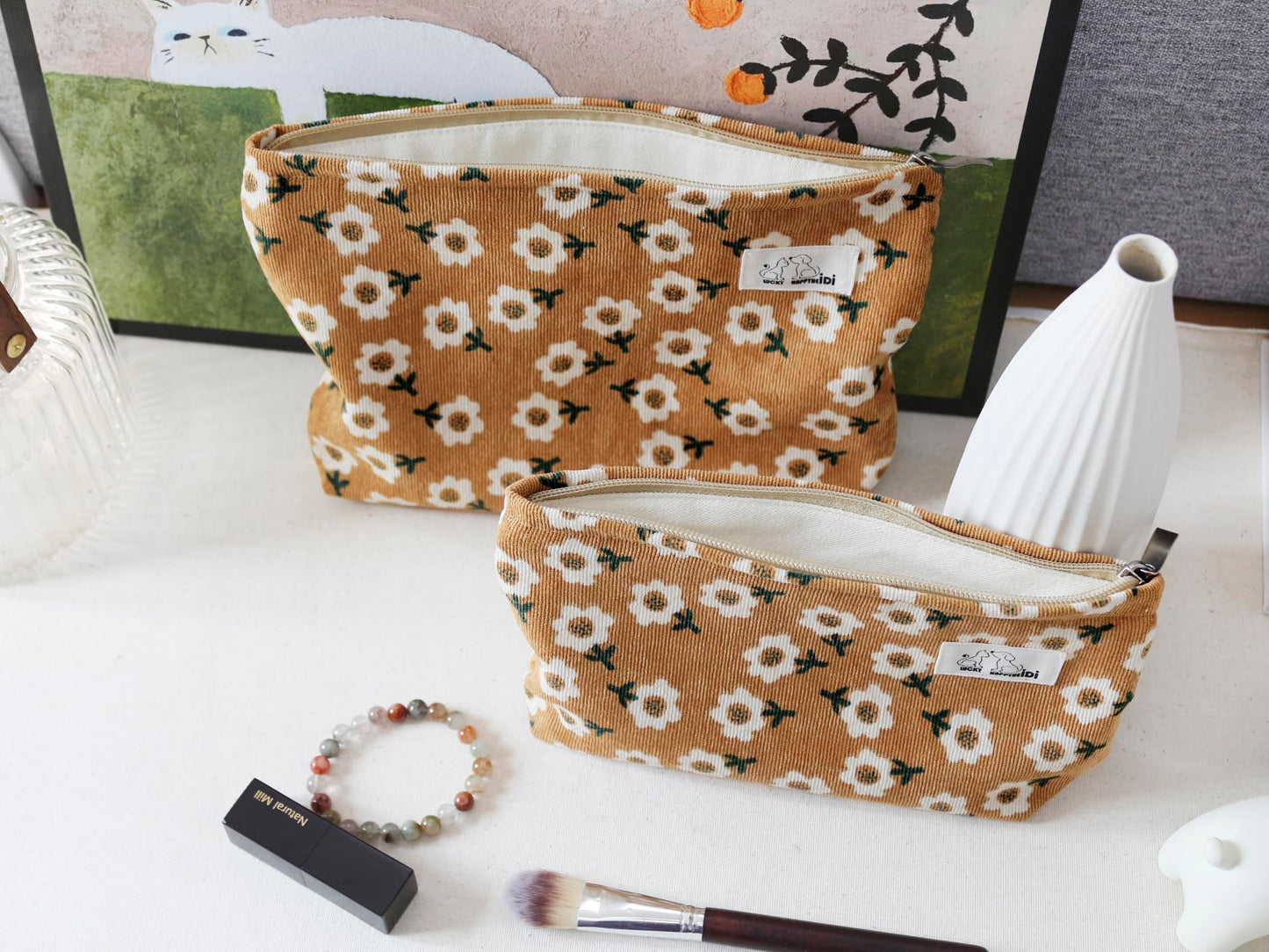 HAPPYHEIDI Floral Makeup Bag Set 3 Cosmetic Toiletry Organizer Zipper Pouch for Purse Tote, Women Girls Gift, Large Medium Small, Kihaki Brown Corduroy