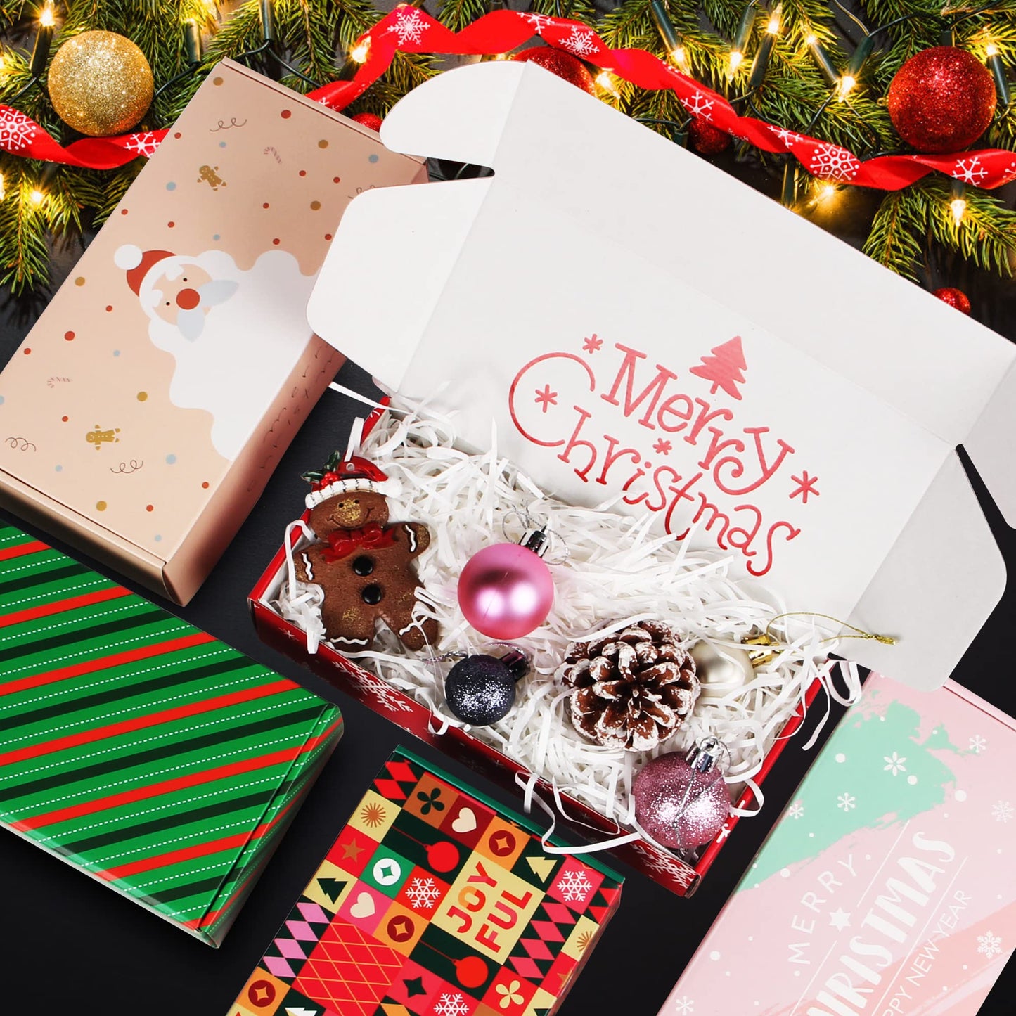 TONESPAC 25 Pack 8x4x2 inch Small Christmas Gift Box with Lid, Recyclable Corrugated Cardboard Shipping Boxes for Small Business,Gift Packaging,Specially Designed Box. (8"x4"x2",Xmas Mix Pattern)