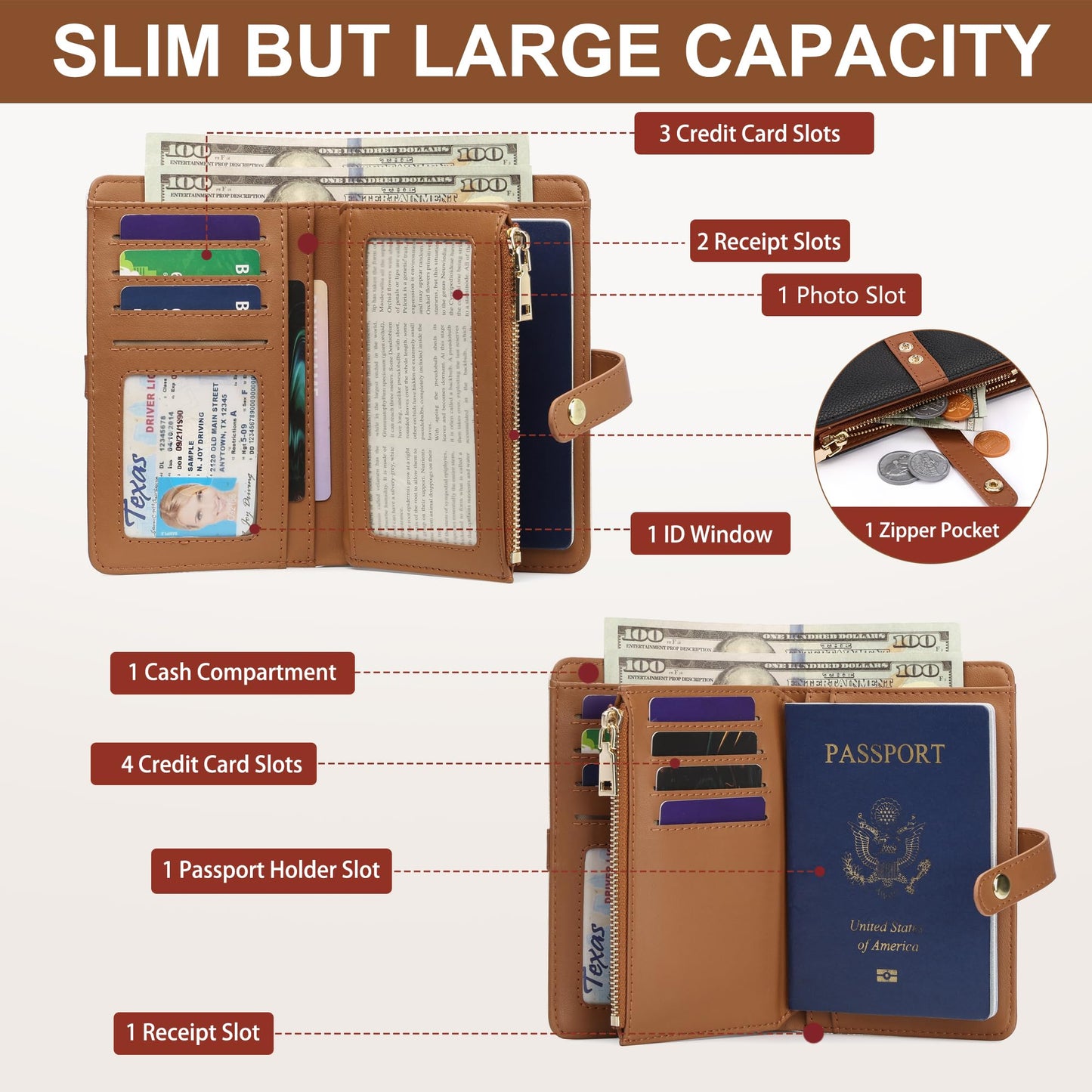 Small Wallet Women RFID Blocking Vegan Leather Slim Thin Bifold Credit Card Wallet Passport Holder Ladies Travel Wallet Mini Purse with Zipper Pocket