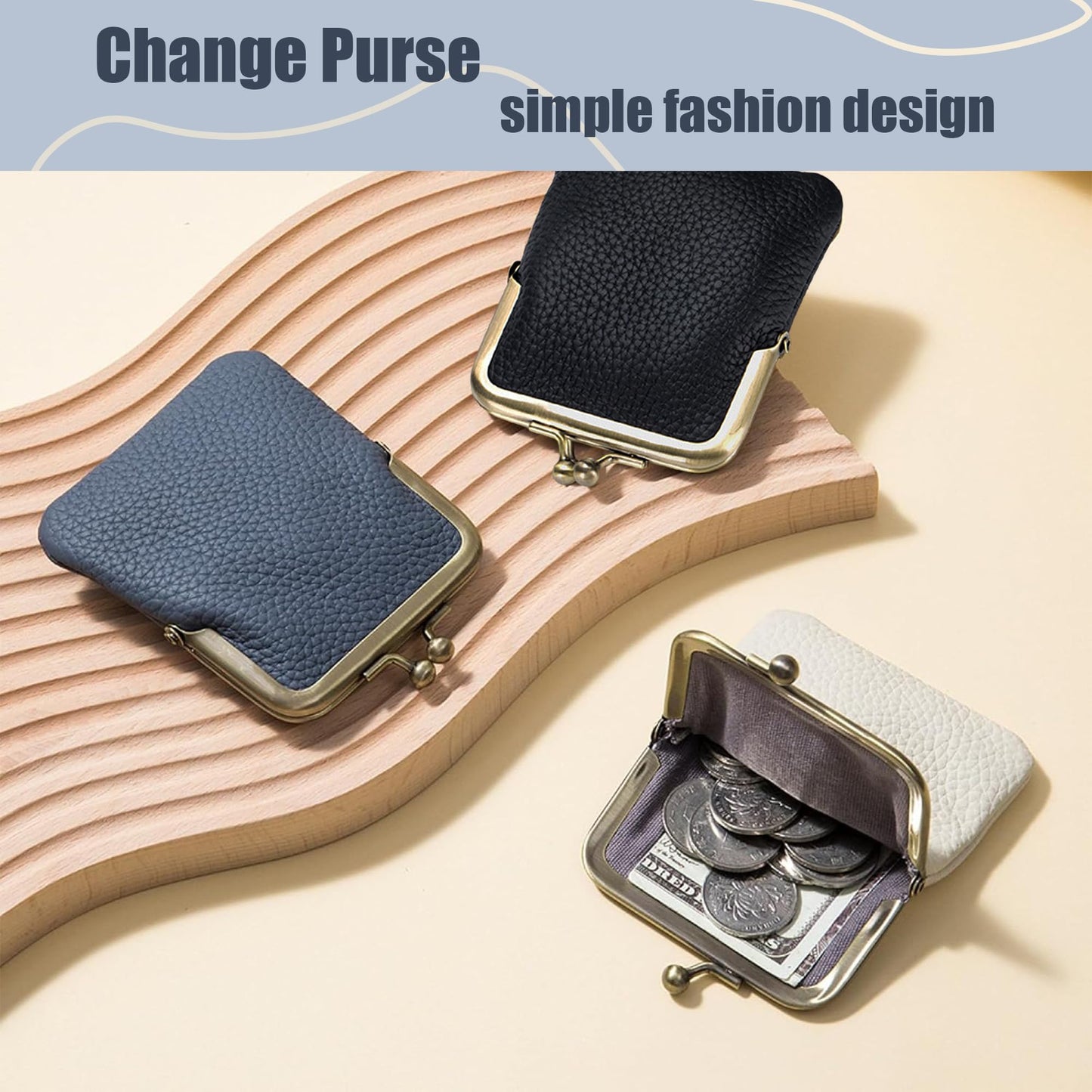 ZZHAOYI Women Genuine Leather Clutch Coin Purse Mini Kiss Lock Change Purse Wallet Slim Retro Coin holder Purse (White)
