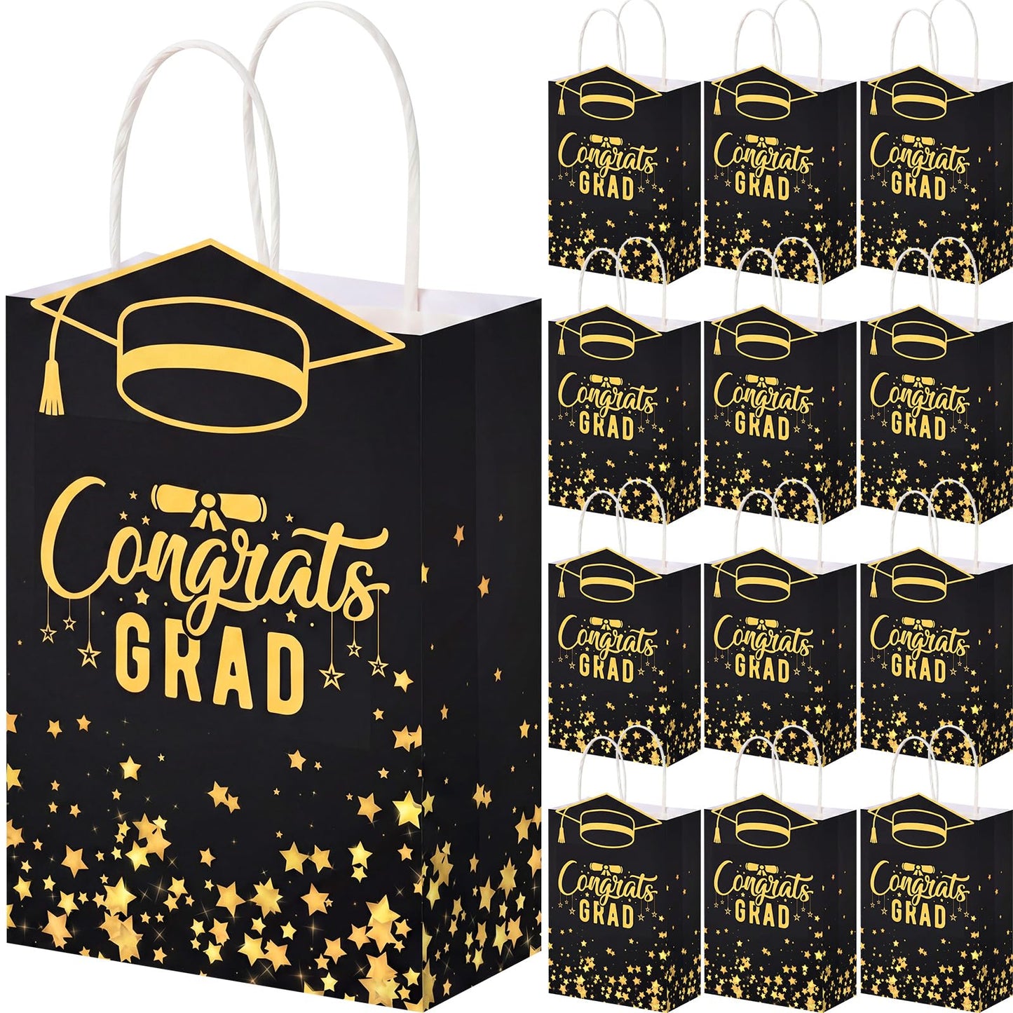 Geyoga 24 Pcs Graduation Gift Bags Bulk with Handles Class of 2026 Congrats Grad Party Favor Paper Bags Black and Gold Treat Goodie Bag for College High School University Gift Wrapping Supplies