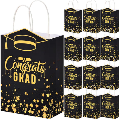 Geyoga 24 Pcs Graduation Gift Bags Bulk with Handles Class of 2026 Congrats Grad Party Favor Paper Bags Black and Gold Treat Goodie Bag for College High School University Gift Wrapping Supplies