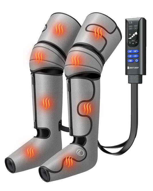 BESTJEEF Air Compression Leg Massager with Heat : Leg Massager for Circulation and Pain Relief - Sequential Compression Boots with 9 Intensity, 4 Modes, 3 Heating, Vibration, for Men Women