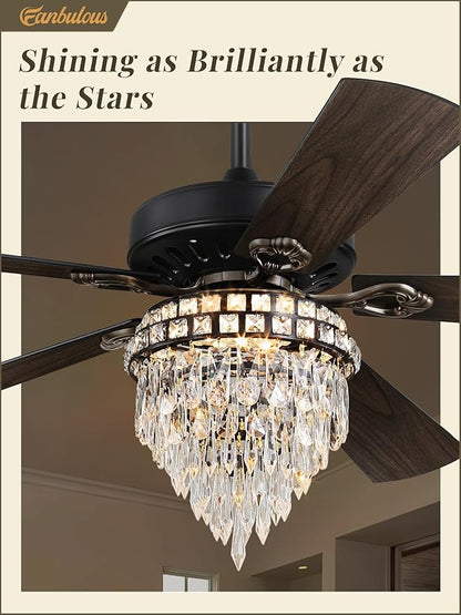 Fanbulous 60 Inch Farmhouse Fandelier Ceiling Fans with Light, Crystal Ceiling Fan Chandelier with 6 Speeds, Quiet Reversible Noiseless DC Motor, 3CCT, Indoor Ceiling Fan for Living Room Bedroom