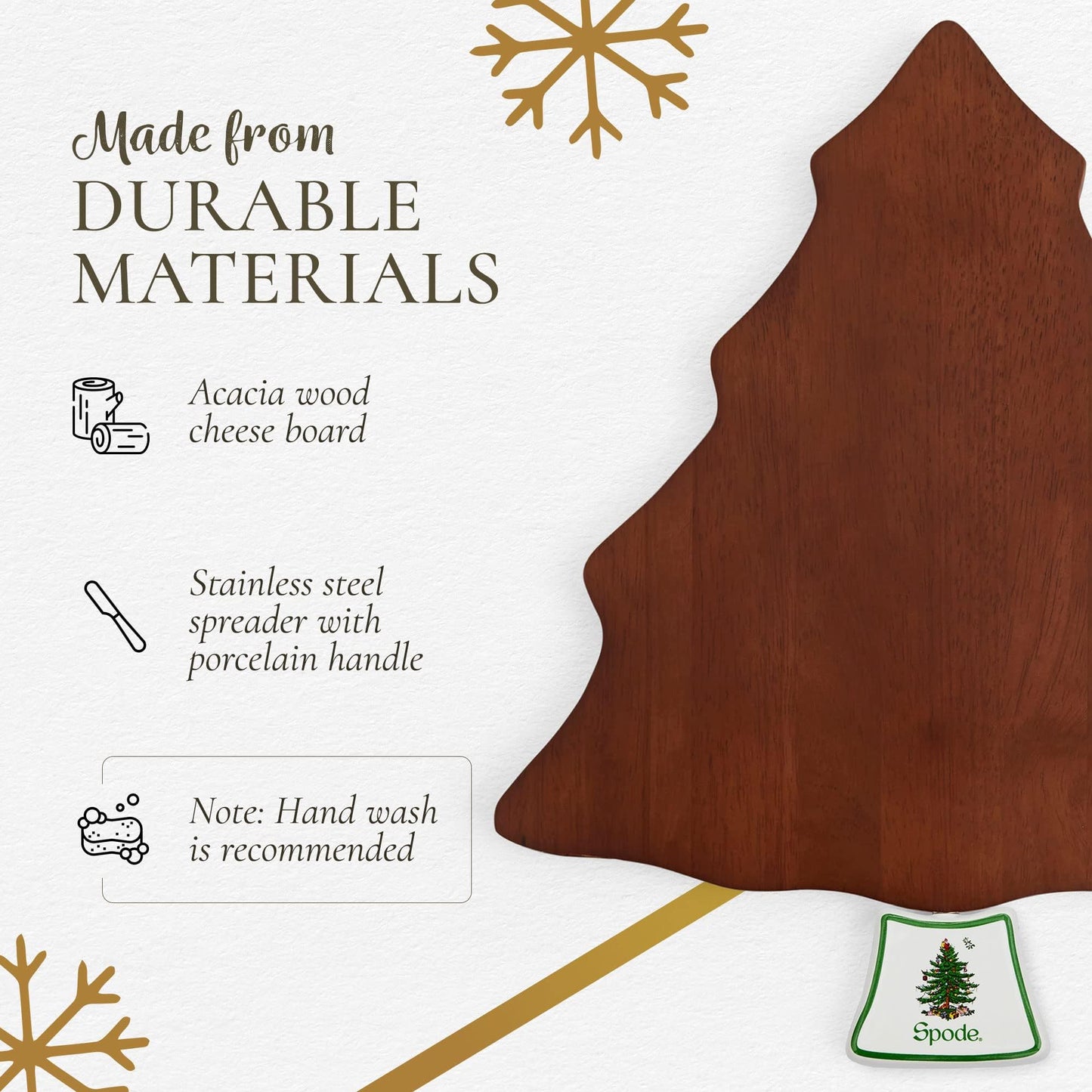 Spode Christmas Tree Cheese Board & Spreader Set (2-Piece) – 13" Acacia Wood Cheese Serving Board with Handled Spreader – Festive Serveware for Holiday Entertaining, Charcuterie & Appetizers