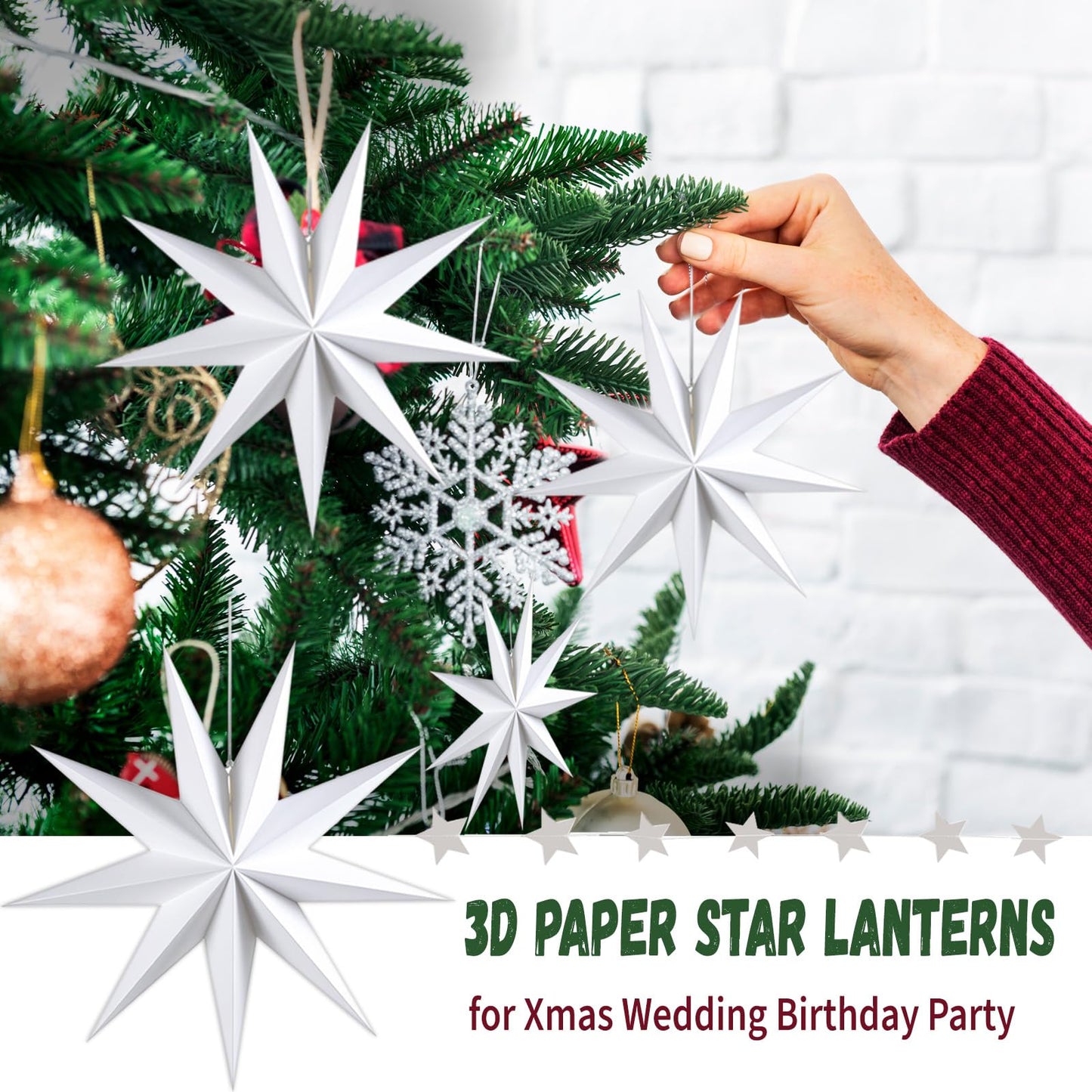 WNSIRVY 12 Pack 9-Pointed Large 3D Paper Star Lanterns with Star Garland Hanging Lanterns Lampshade for Themed Party, Home Wedding, Birthday Decorations (White)