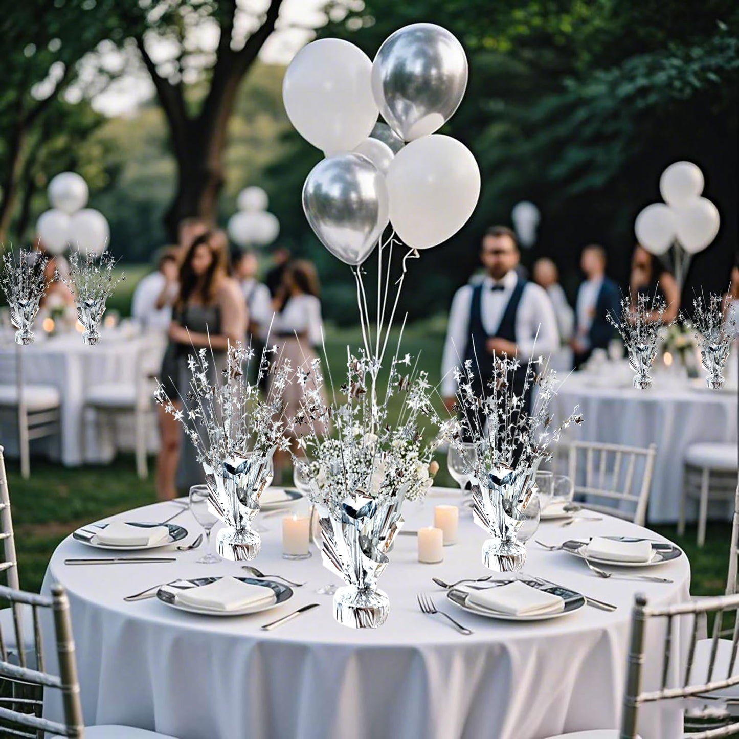 YinNorth 12 Pcs Metallic Foil Spray Centerpiece Party Star Table Decoration Brust Glitter Table Topper Decor for Birthday Graduation Holiday Christmas Dining Celebration New Year Party Supplies,Silver
