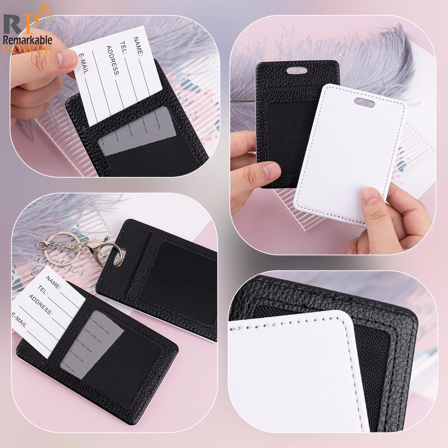 RP Remarkable Power, 10 Pack Rectangle Sublimation Work Card Holder Leather Badge Holders with Keychian for Men Women Business