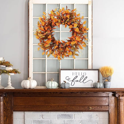 Sggvecsy Artificial Fall Wreath 21’’ Autumn Front Door Wreath with Fall Leaves Small Pumpkins Cluster of Berries for Outside Indoor Wall Window Festival Thanksgiving Fall Harvest Autumn Decor