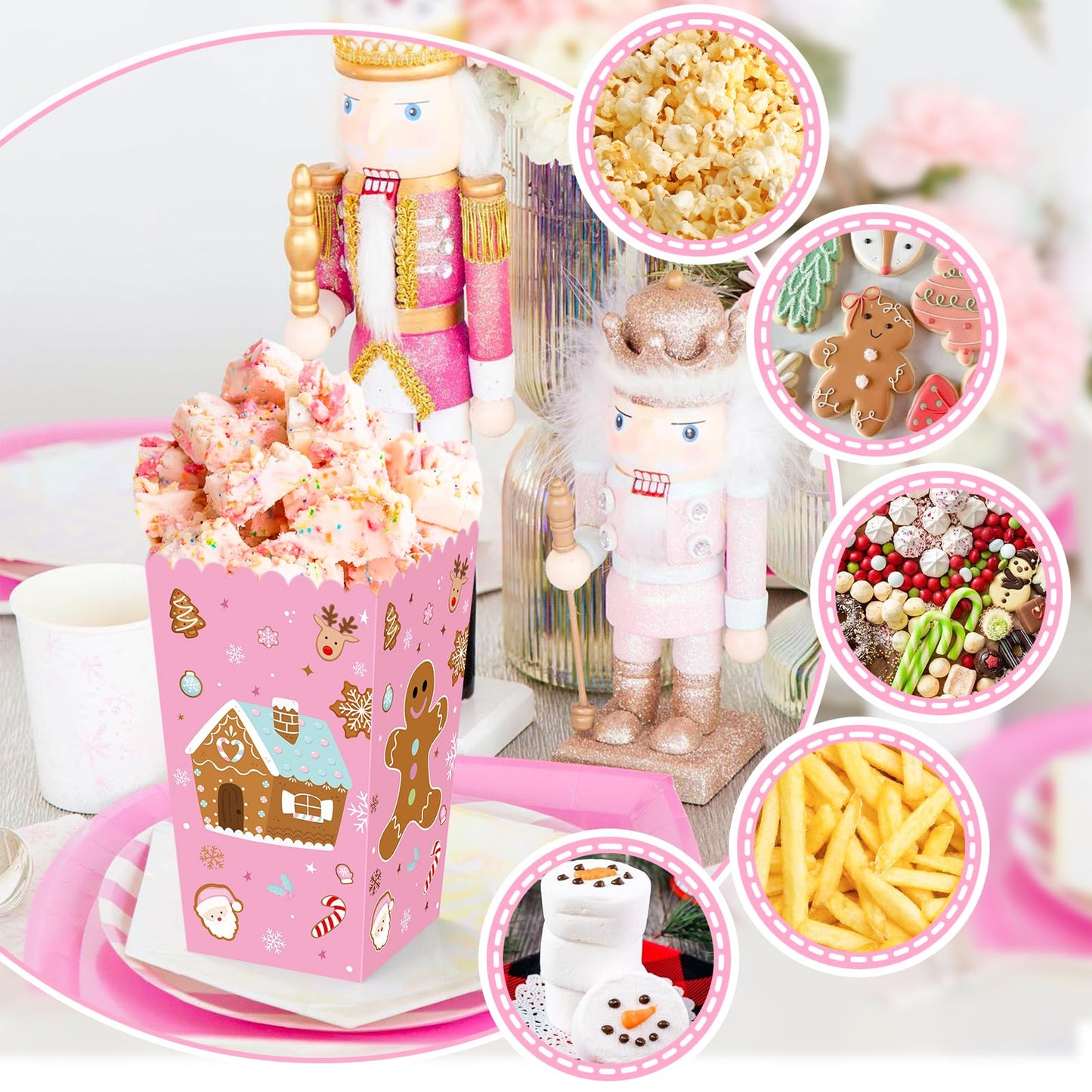 K KUMEED 24 PCS Christmas Popcorn Favor Boxes,Pink and Brown Gingerbread Man Christmas Party Supplies Cute Candy House Popcorn Bowls Popcorn Buckets Popcorn Bags Candy Cookie Container for Kids