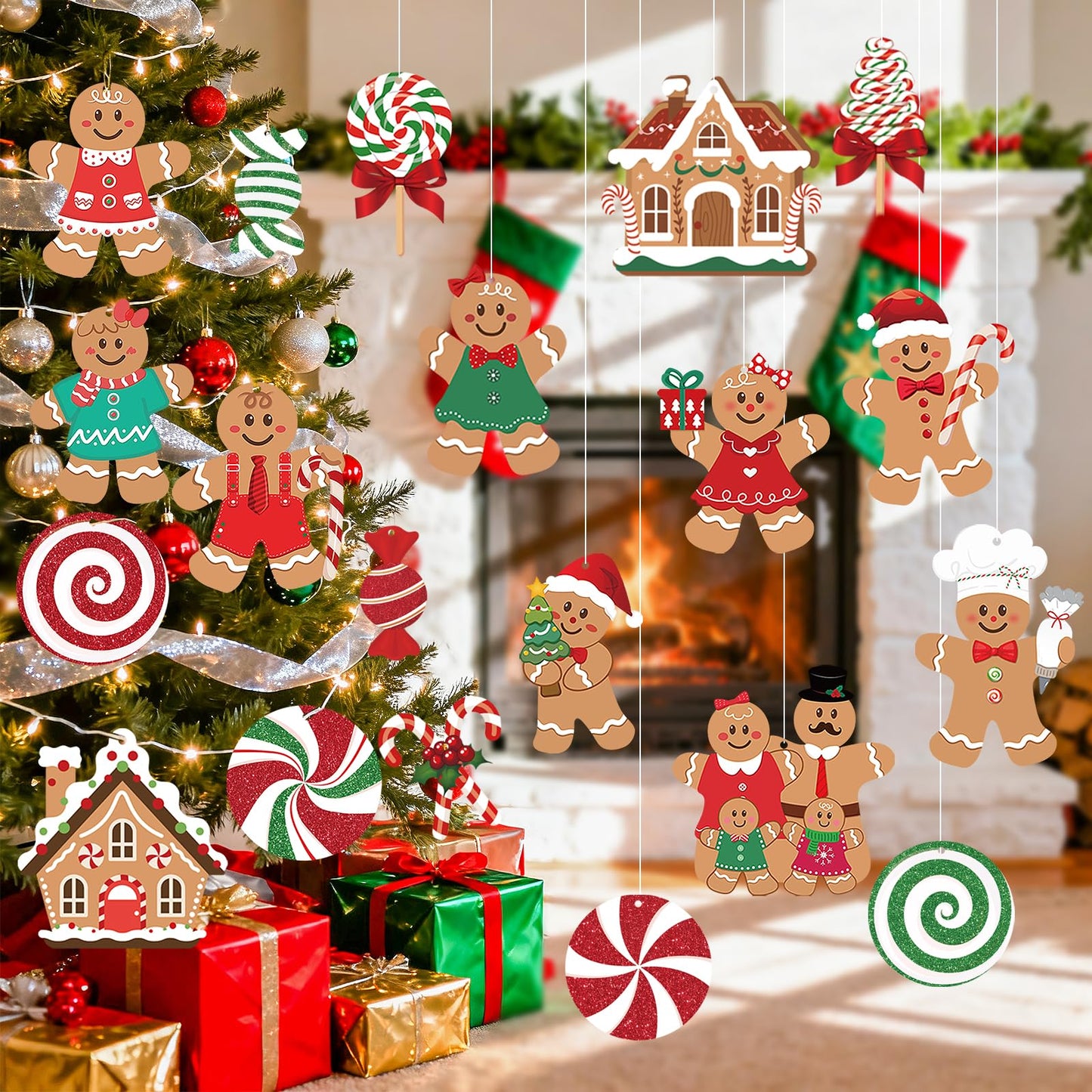 20 Pcs Gingerbread Christmas Decorations Outdoor Large Gingerbread Hanging Xmas Candy Ginger Bread House Decor Double Sided Printing Sign for Tree Yard Porch Office Home Holiday Outside Indoor Merry