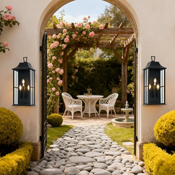 Patio Wall Light Fixture Outdoor Wall Lighting, 25" Large Outside Modern Wall Sconce Lantern, Industrial Porch Light Wall Mount, Waterproof Farmhouse Exterior Lamp 3-Light,Bulbs Not Included