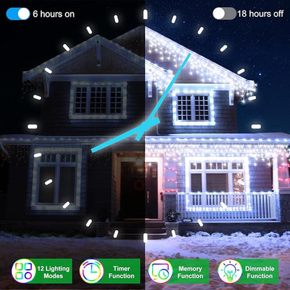 50FT 504 LED Outdoor Christmas Lights - 112 Ice Drops, 12 Pro Modes with Timer Memory & Brightness, Waterproof Hanging Ice String Light for Holiday Wedding Garden Fence House Decor (Cool White)