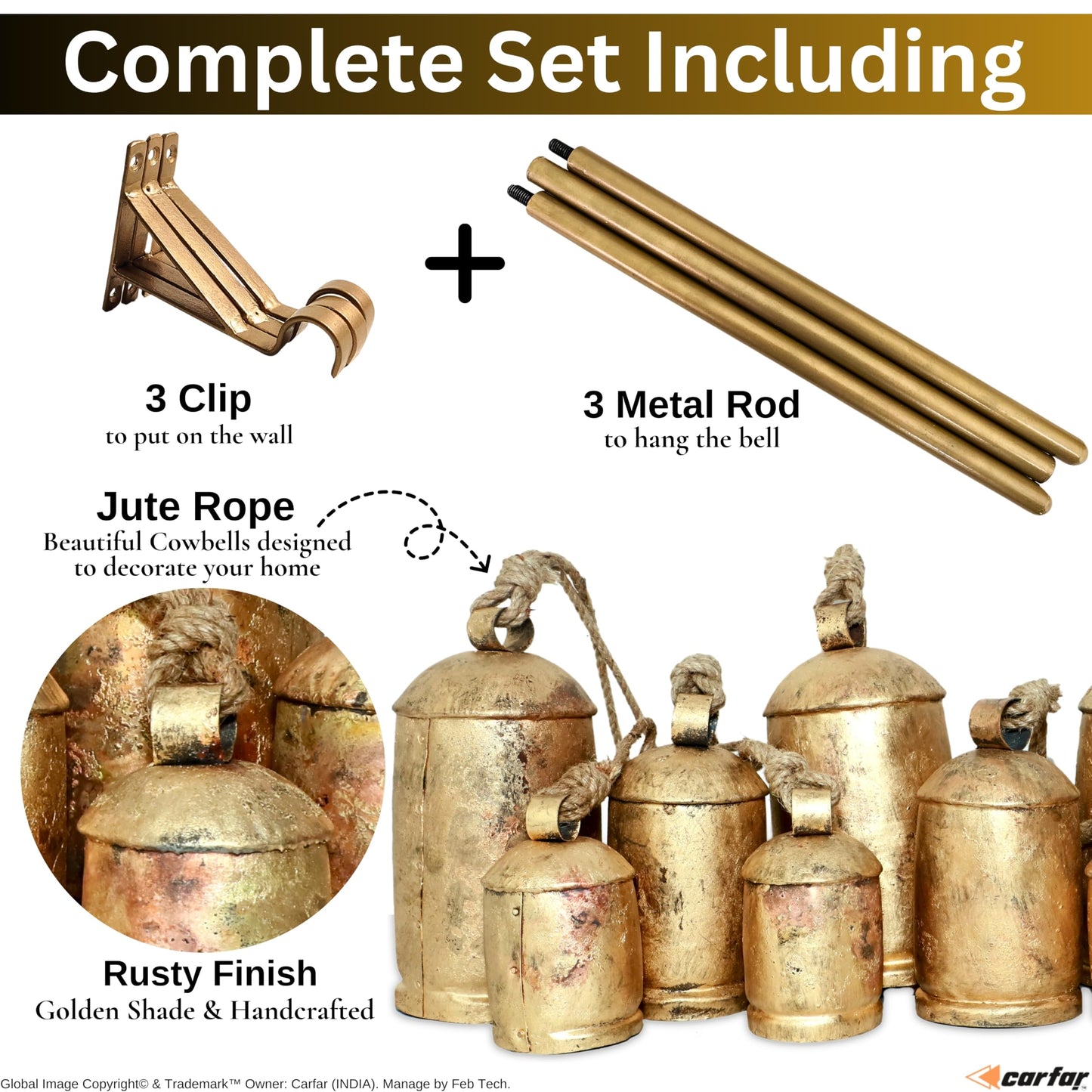 Shabby Chic Country Rustic Vintage Style Handmade Christmas Jingle Harmony Cow Bells on Metal Hanging Rod Complete Set (X-Large 45" 22" 8")