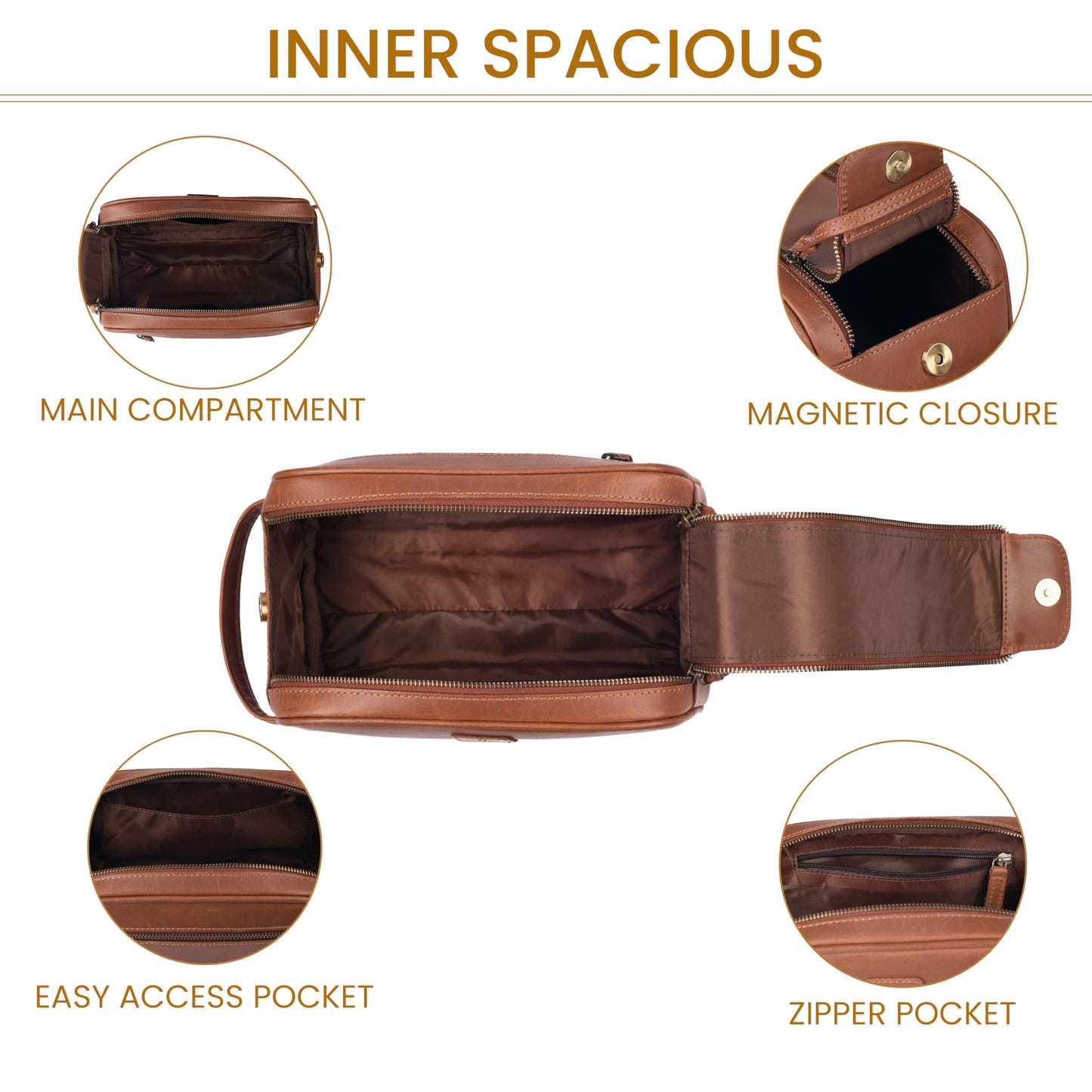 Leather Toiletry Travel Bag with Waterproof Lining, Large Capacity Vintage Dopp Kit, Shaving & Cosmetic Organizer for Men & Women - Tan