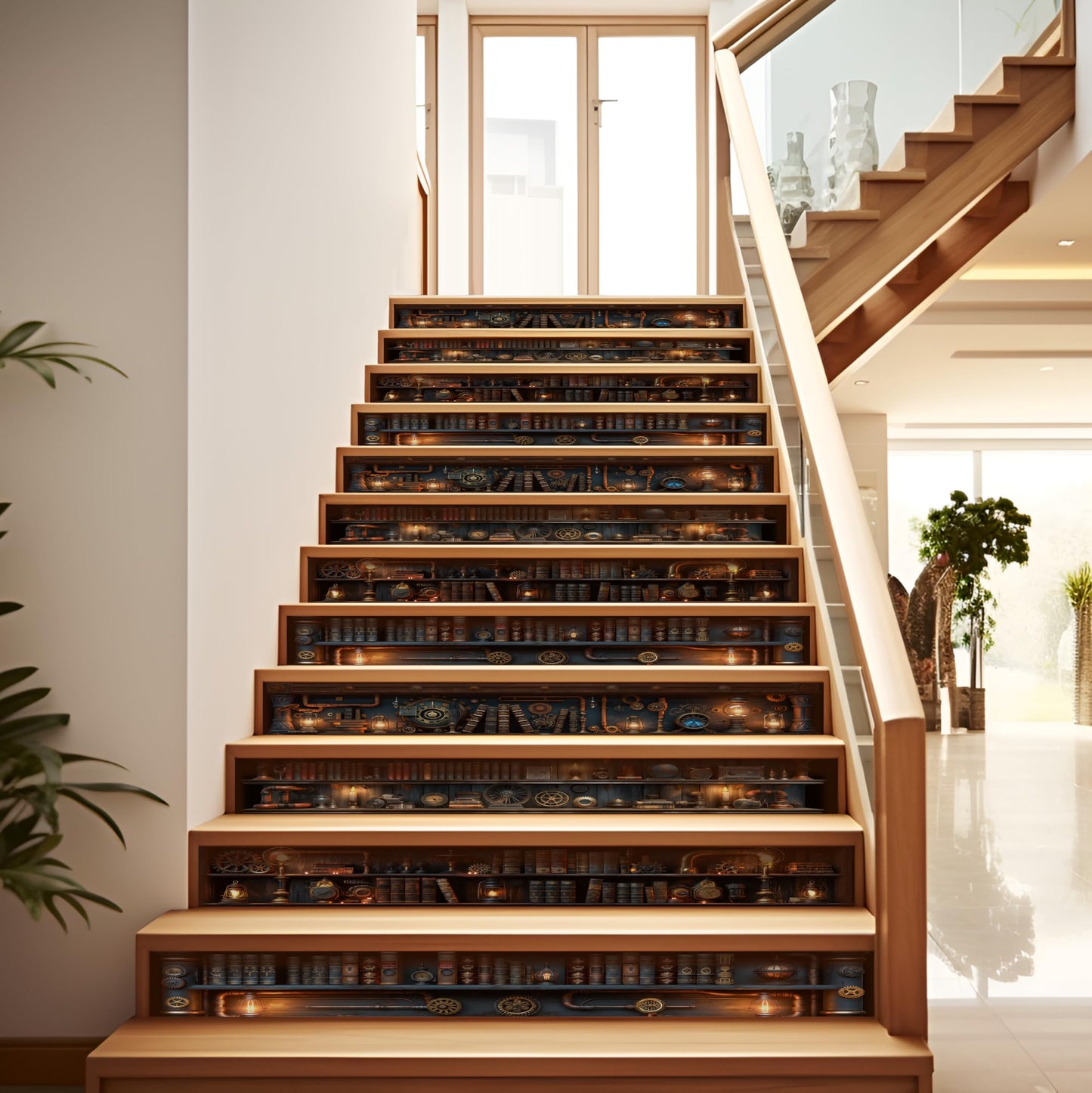 AMAZING WALL Peel and Stick Stair Riser Decals,Steampunk Library Bookshelf Design,Removable,Set of 12