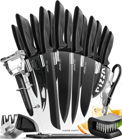 Home Hero Kitchen Knife Set with Sharpener - High Carbon Stainless Steel Knife Block Set with Ergonomic Handles (20 Pcs - Acrylic Black)