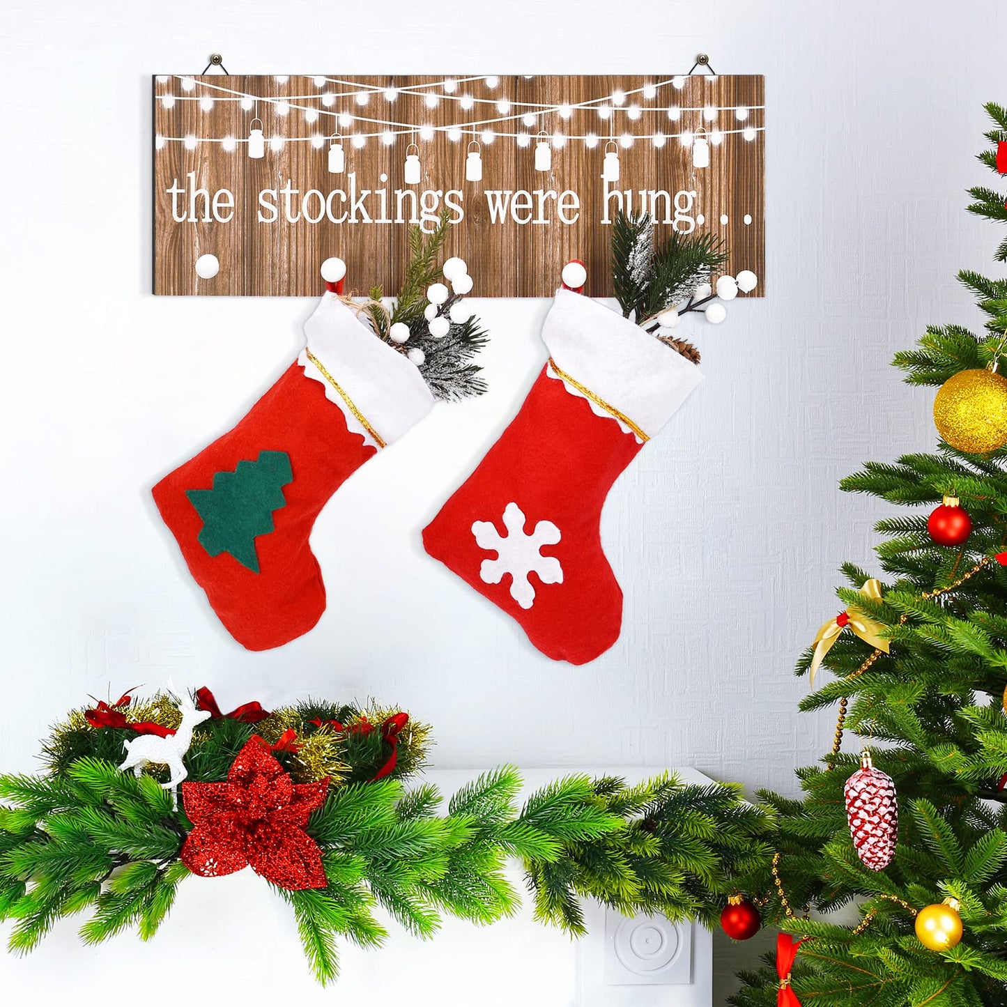Blulu Christmas Stocking Holders with 5 Hooks Wood Christmas Stocking Hangers for Wall The Stockings were Hung Wooden Sign Xmas Wall Mount Hose Hooks Rack for Mantle Fireplace Decoration