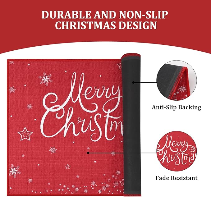 CAROMIO Christmas Doormat Xmas Holiday Decorative Christmas Tree Snowflake and Gift Pattern Welcome Mat for Home Decoration Non Slip Door Mat, Red, 17x29 Inch
