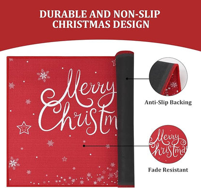 CAROMIO Christmas Doormat Xmas Holiday Decorative Christmas Tree Snowflake and Gift Pattern Welcome Mat for Home Decoration Non Slip Door Mat, Red, 17x29 Inch