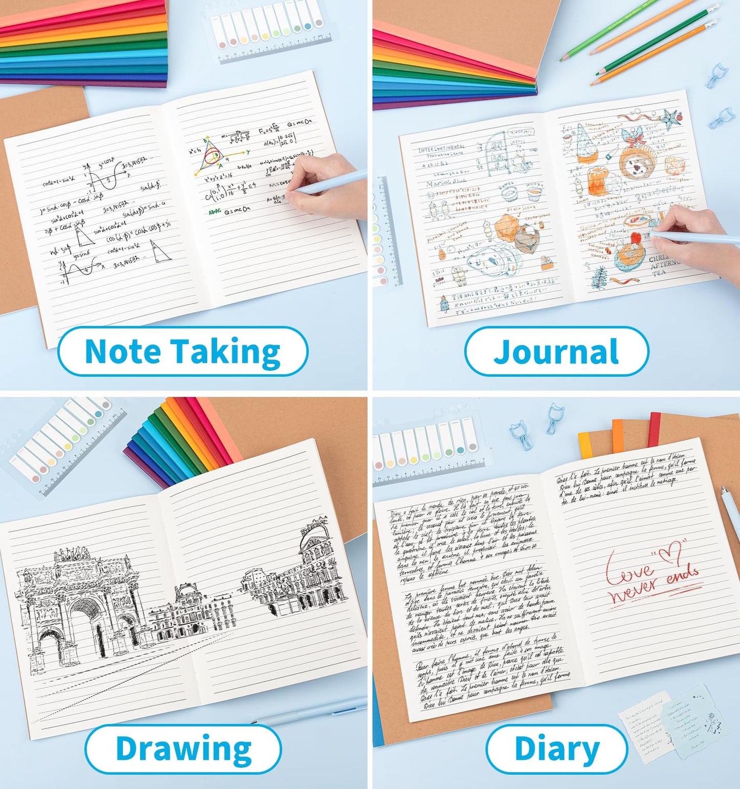 12 Pack Lined Notebook Journals Bulk, 7-1/2" x 9-3/4", Wide Ruled Paper, 30 Sheets/60 Pages, Kraft Cover with Rainbow Spines, 12 Colors Lined Composition Notebook Journal for Work Study Note Taking