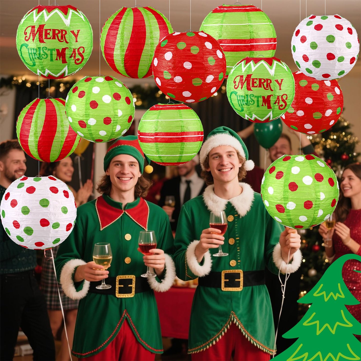 Glooglitter 18 Pcs Red Green Paper Lantern Round Christmas Paper Decorations Lime Green Hanging Balls Swirl Candy Cane Ceiling Hanging Decor for Holiday Party Xmas Home