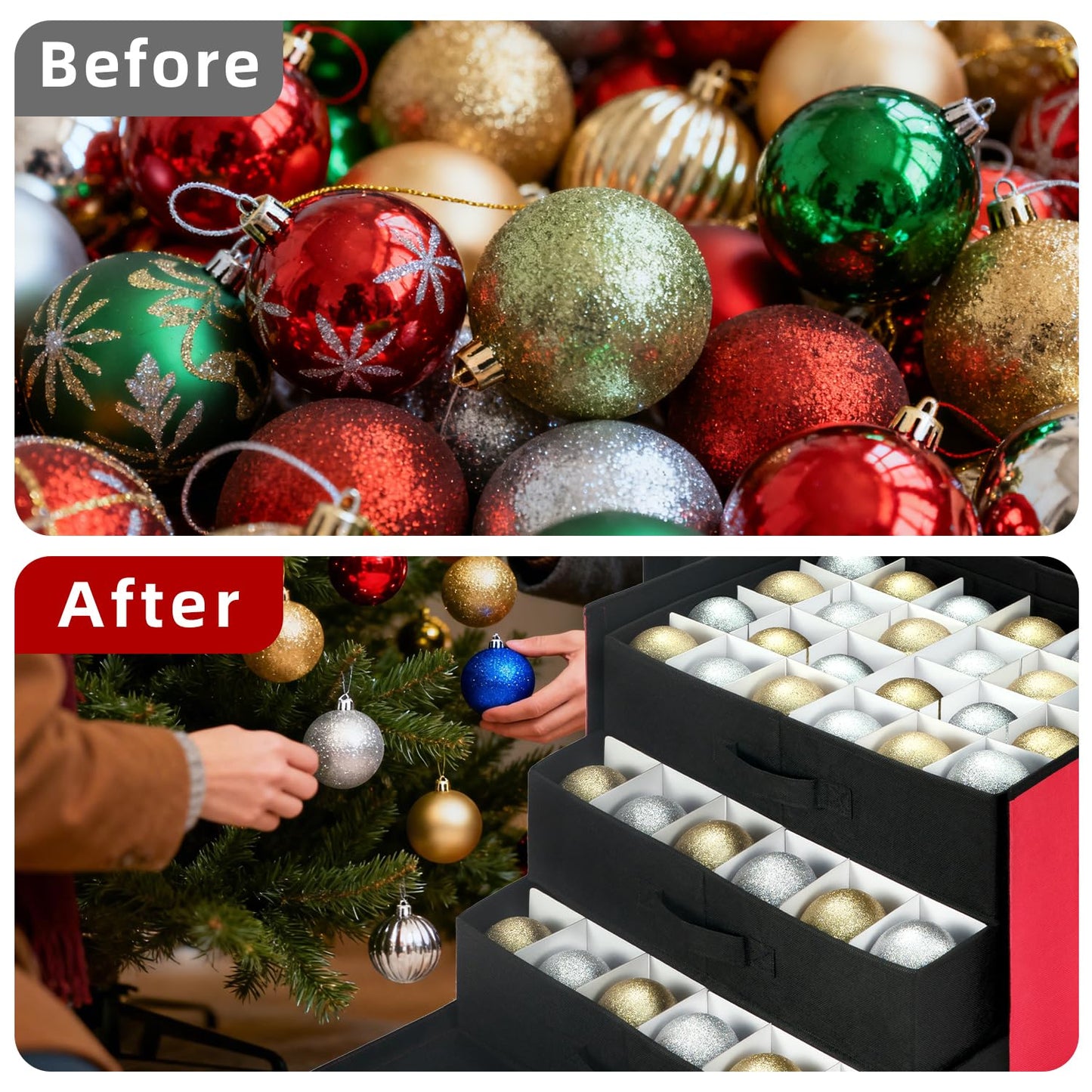 JY COOKMENT Christmas Ornament Storage Box with Adjustable Dividers, Large Holiday Ornaments Storage Container Bin with Lid for Xmas Decorations (72-3" Balls, Red, With Removable Tray)