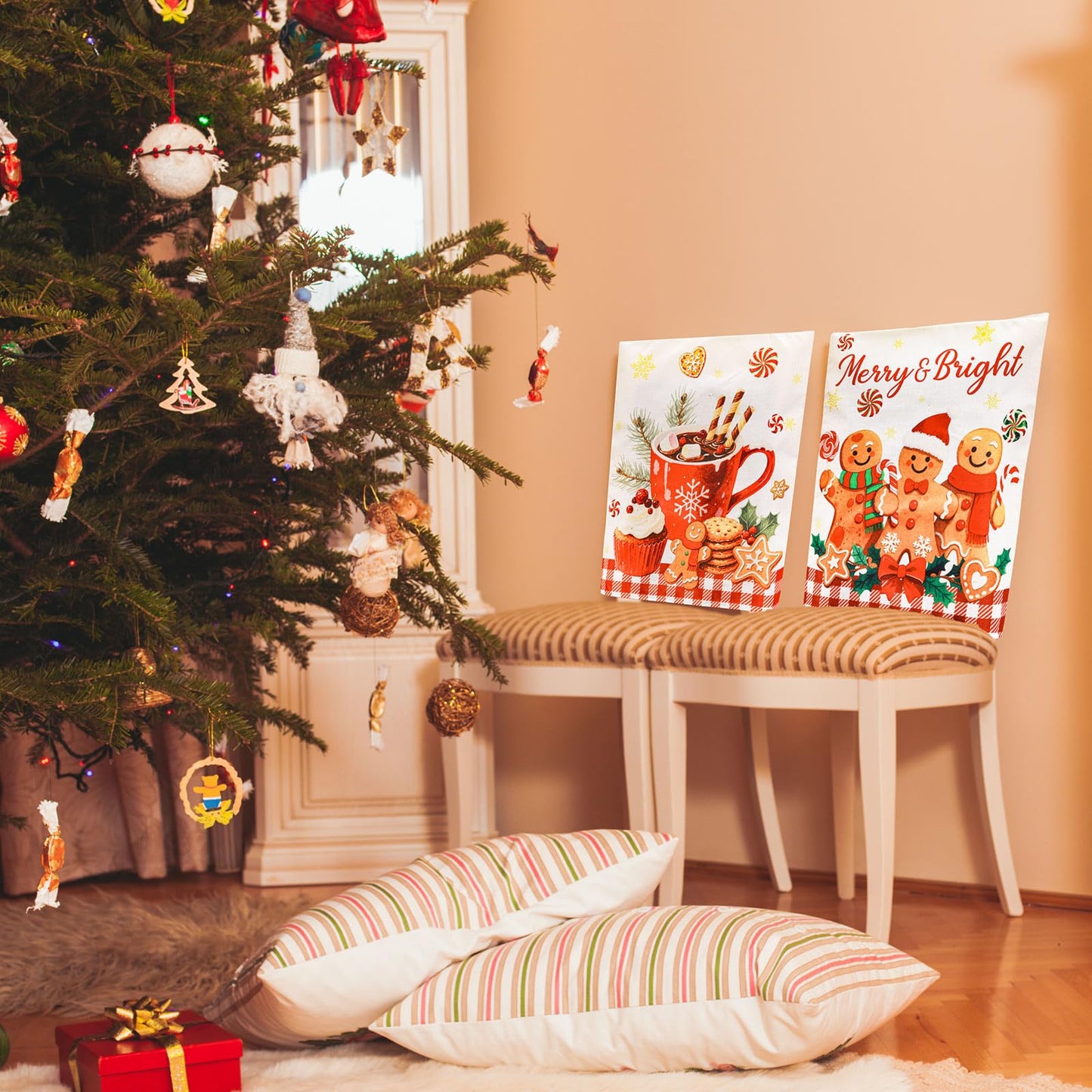 Whaline 4Pcs Christmas Chair Back Cover Red White Plaid Gingerbread Man Candy Cookie Seat Covers Dining Chair Slipcover Protector for Winter Xmas Home Kitchen Decor