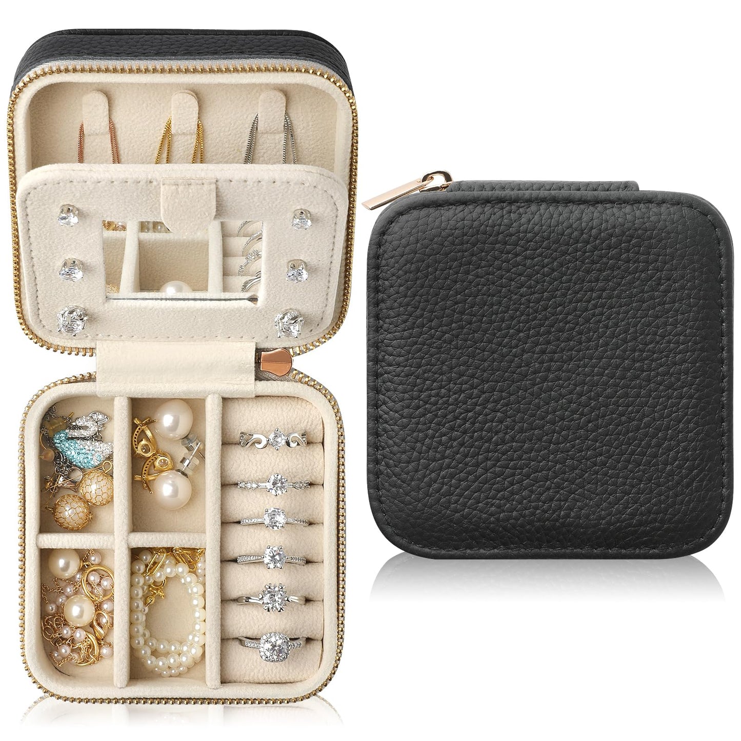 NGVRC Genuine Leather Travel Jewelry Case Organizer with Mirror for Women, Small Jewelry Box Portable Mini Jewelry Case for Earring, Ring, Necklace, Bracelet（Lychee Grain Black）