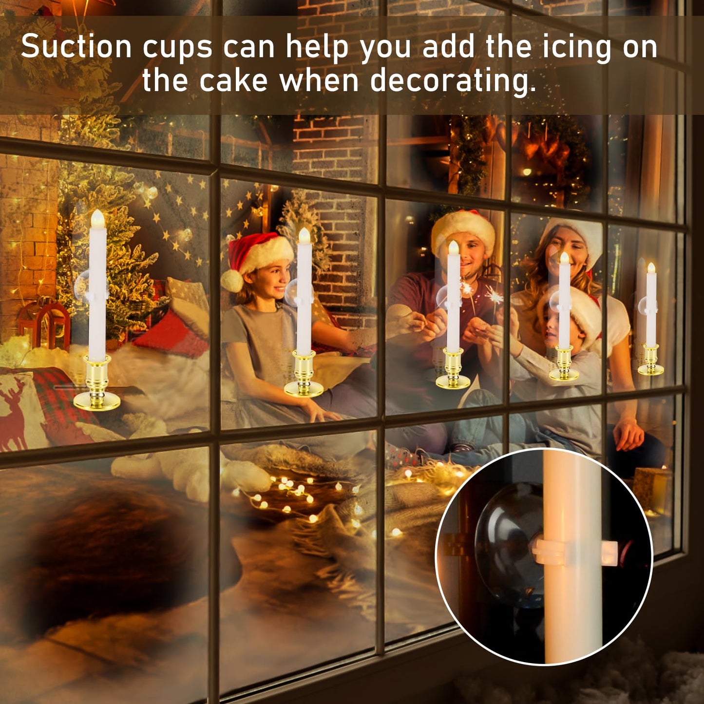 Qmioti 12 Pack Christmas Window Candles, Battery Operated Window Candles with Timer Remote, LED Window Candle with Candle Holders Suction Cups for Christmas Decorations, Gold