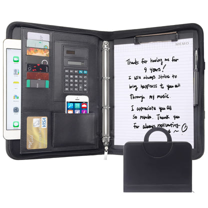 Agaritek Zipped Portfolio Binders for Men and Women - Leather Padfolio Business Planner Notebook Organizer with Zipper and Calculator- Holder for Tablet, Documents, Cards, Notebook, Notepad