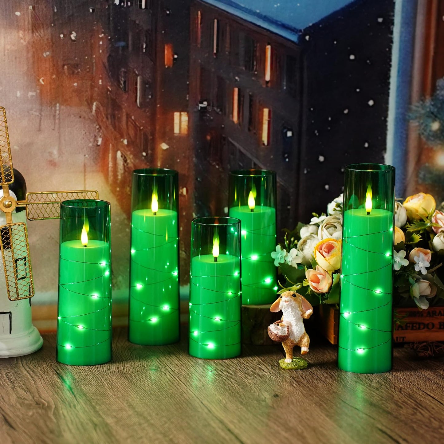 kakoya Flameless LED Candles with Timer 5 Pc Flickering Flameless Candles for Romantic Ambiance and Home Decoration Stable Acrylic Shell,with Embedded Star String，Battery Operated Candles（Green）
