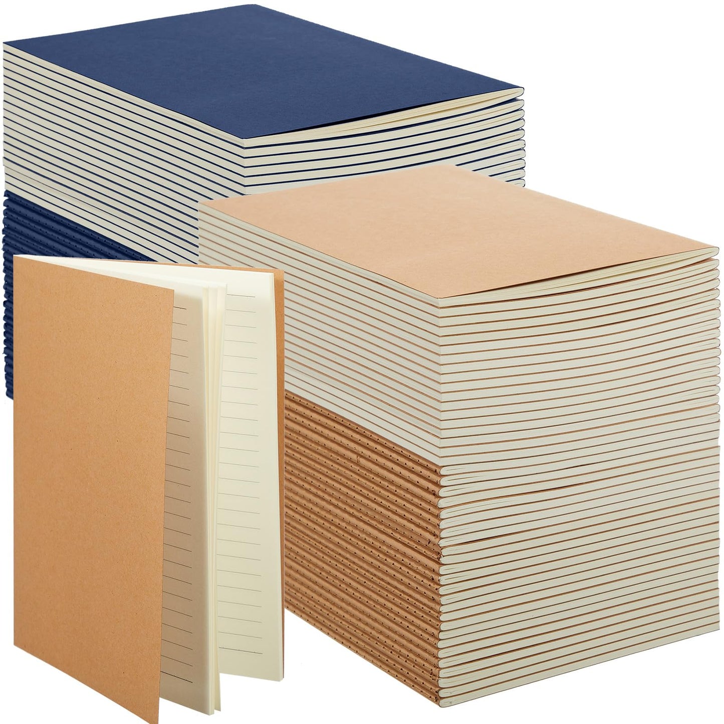 Mimorou 100 Pcs Journals Notebooks Bulk - Kraft Softcover A5 Small Notebooks 5.5 Inch x 8.3 Inch Notepads with 60 Page 30 Sheet for Writing Sketch Travel Office Supplies(Brown, Navy,Lined)