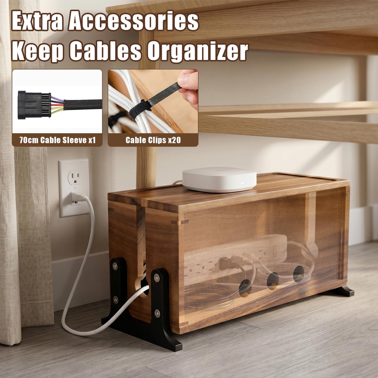 Extra Large Cable Management Box, Cord Organizer & Hider Box, Acacia Wood Cable Box for Chargers, Power Strip, USB, Floor & Desk Cables & Cords Storage, Children & Pet Safe