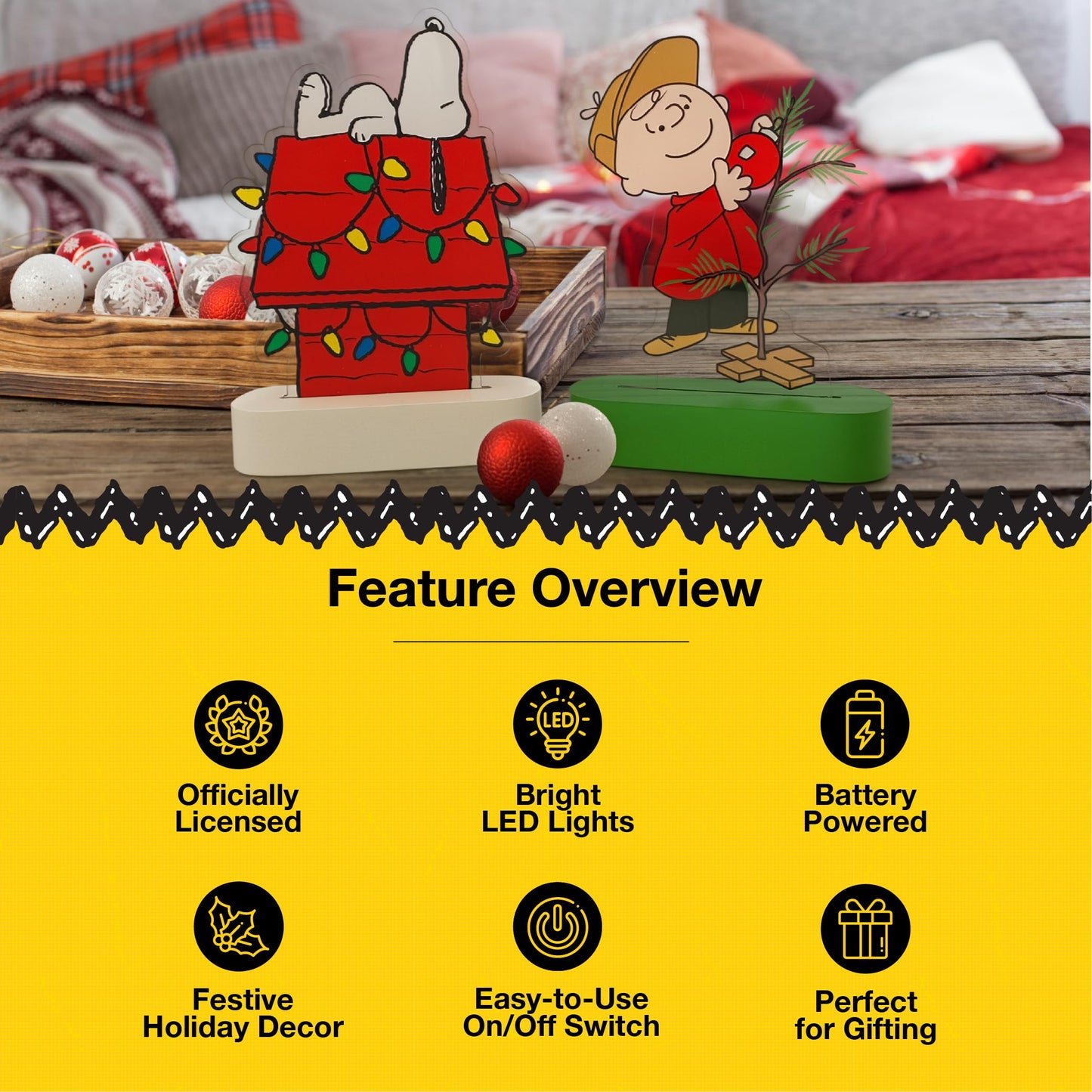 Mark Feldstein, Peanuts Holiday LED Illuminated Acrylic Tabletop Lights, Snoopy's Decorated Doghouse and Charlie Brown's Christmas Tree, 6 Inch (Set of 2)