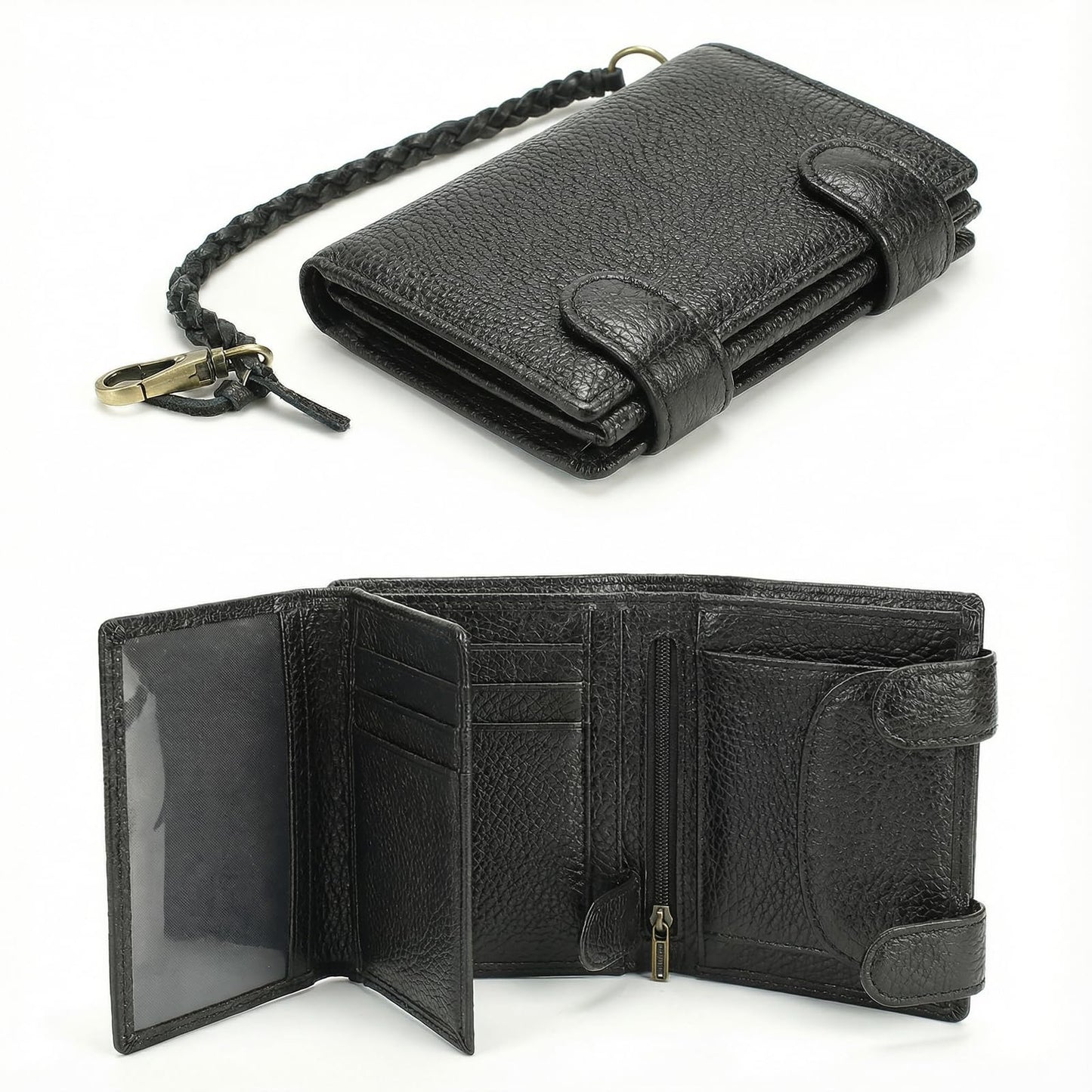 Mewpurrs Mens Genuine Leather Trifold Wallet, RFID Blocking Vertical Wallet with Wrist Strap, Zipper Coin Pocket, 15 Card Slots, Black