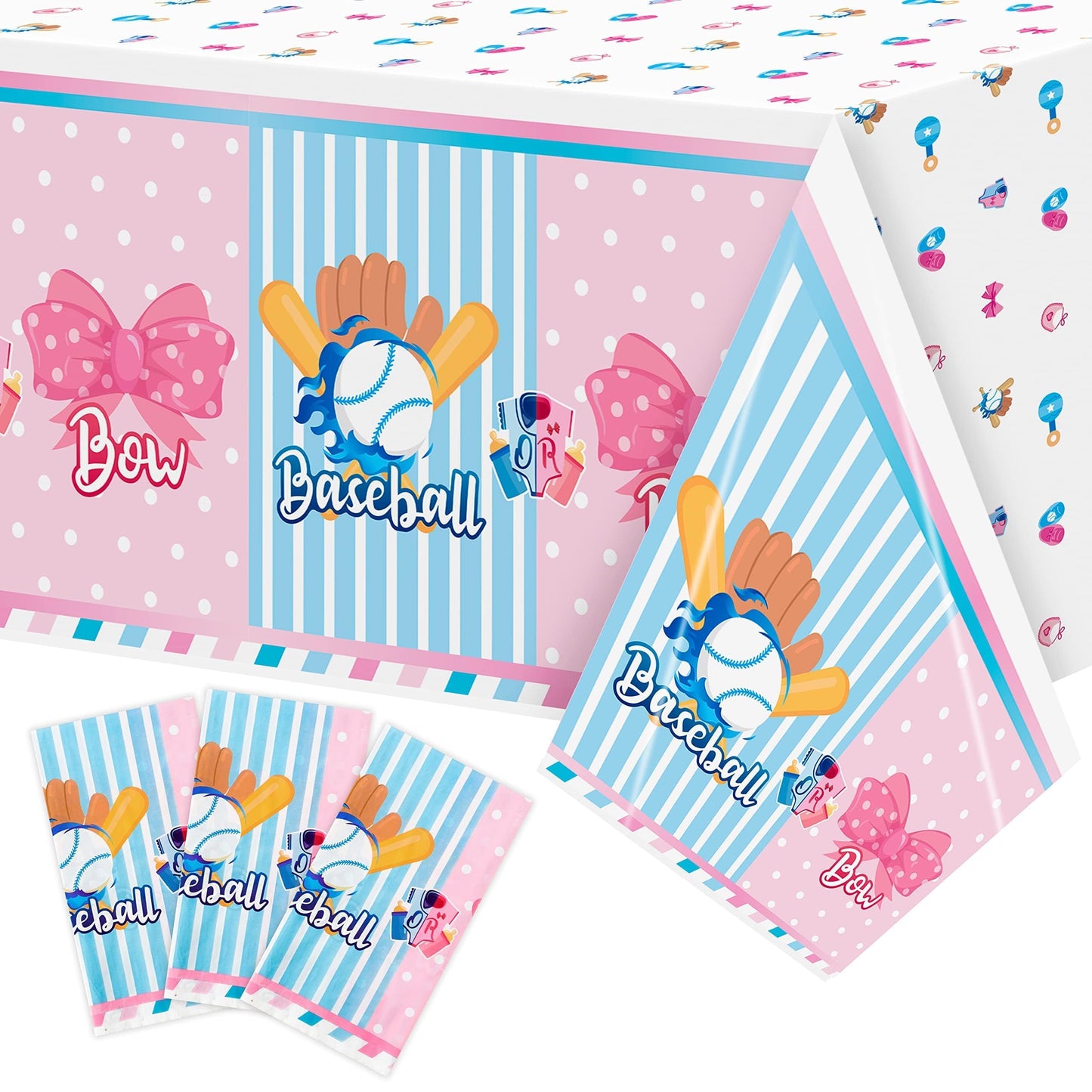 BkeeCten Gender Reveal Table Cover - 3 Packs Sport Baseball or Bow Gender Reveal Disposable Waterproof Plastic Rectangle Table Cloth Gender Reveal Party Favor Decoration Supplies(54x108 Inch)