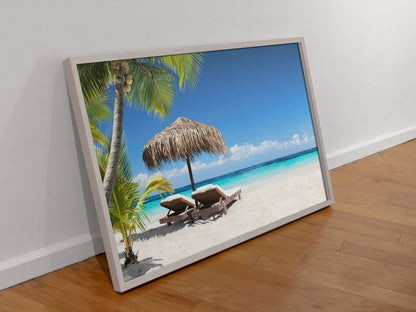 Beach Art Wall Decor Coral Beach Sand Sea Palapa Tropical Palm Tree Photo Sunset Landscape Pictures Ocean Scenic Scenery Nature Photography Paradise Cool Wall Art Print Poster 36x24