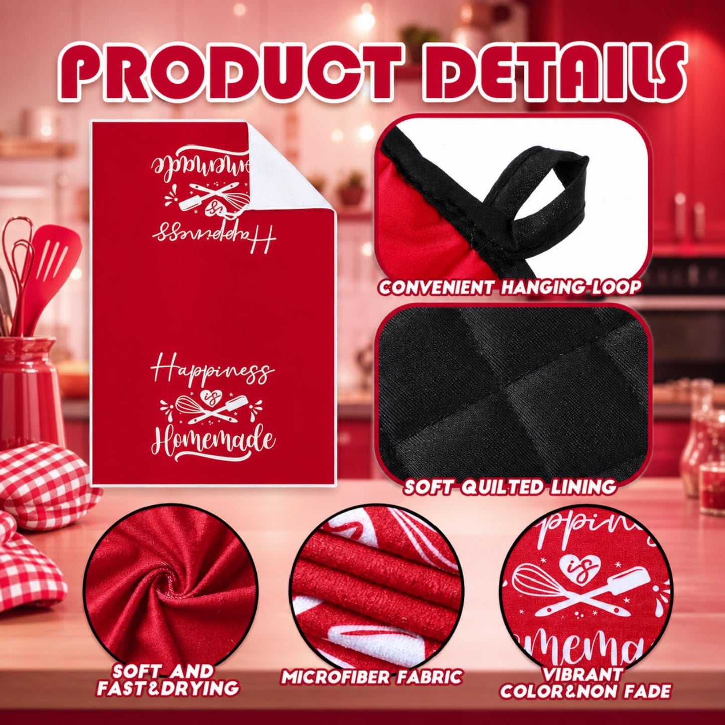 Sratte 6 Pcs Kitchen Decor Accessories Set Farmhouse Towels Pot Holders Oven Mitts Set 2 Dish Towels 2 Potholders 2 Cooking Mittens Oven Glove for Christmas Baking Cooking Supply(Red,Kitchen)