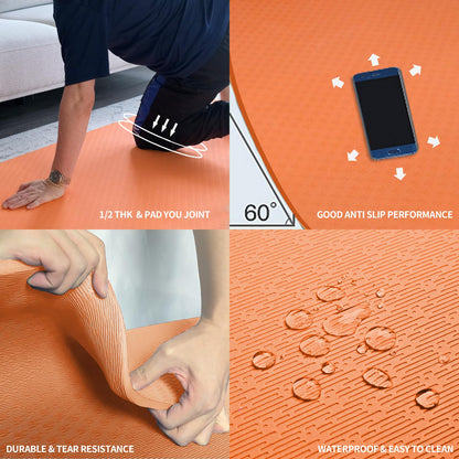 Hatha Yoga Large TPE Yoga Mat 6'x4'x1/2" Extra Thick Non-Slip Exercise Mat - for Yoga Pilates & Home Gym Workouts(Orange)