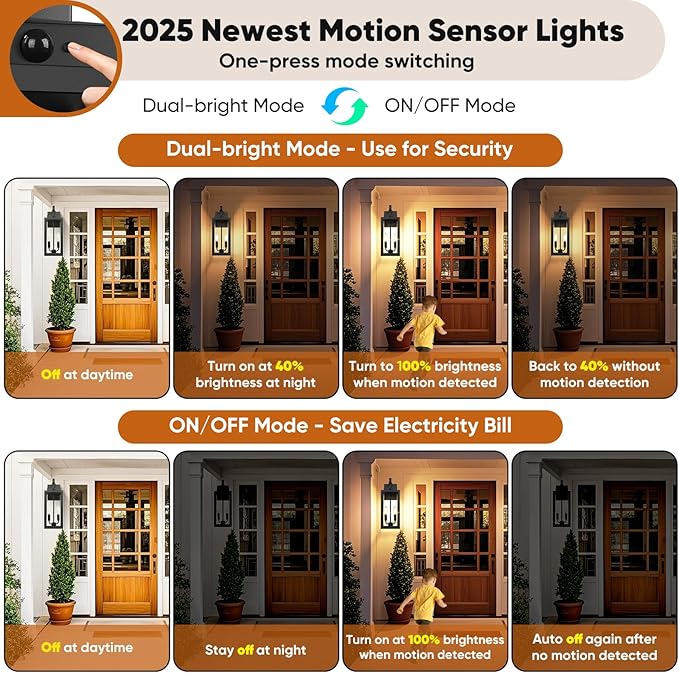 BesLowe 17.5” Upgraded Motion Sensor Outdoor Wall Lights, Dusk to Dawn Porch Lights Outdoor Wall Sconces, 3 Lighting Modes Exterior Lighting Fixtures with Hooks, Black Outside Lights for House, 2-Pack